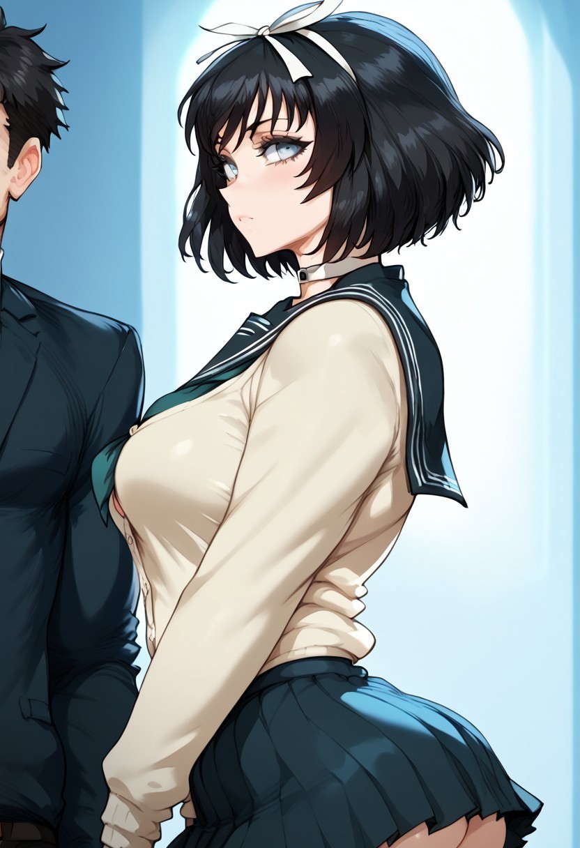 1girls, 2d, ai generated, ai sensuality, black hair, blush, drooling, euphoria, euphoria (clockup), female, grey eyes, hair ornament, hair ribbon, hokari kanae, light skin, light-skinned female, school uniform, short hair, shy, solo, solo female, teenager, uniform, younger female