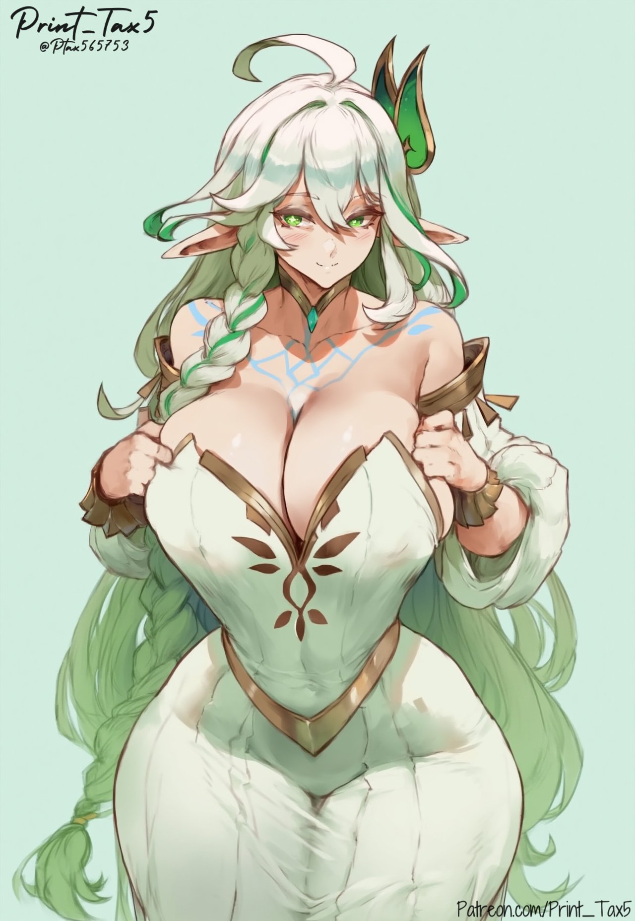 1girls, ai generated, breasts, cleavage, female, female focus, female only, genshin impact, large breasts, light skin, light-skinned female, looking at viewer, nahida (genshin impact), print tax5, rukkhadevata (genshin impact), solo, thick thighs, thighs, wide hips