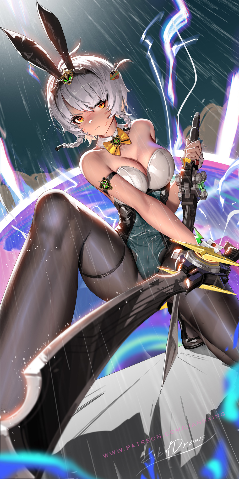 adapted_costume alternate_costume anby_demara anby_demara_(silver_soldier) animal_ear_hairband animal_ears bare_shoulders black_hairband black_pantyhose black_shoes breasts closed_mouth dual_wielding fake_animal_ears female fingerless_gloves from_below gloves hair_wagging hairband highres holding holding_sword holding_weapon leotard liang_xing medium_breasts multicolored_leotard on_one_knee orange_eyes pantyhose rabbit_ear_hairband rabbit_ears rain shoes solo strapless strapless_leotard sword thighhighs two-tone_leotard weapon white_gloves white_hair zenless_zone_zero