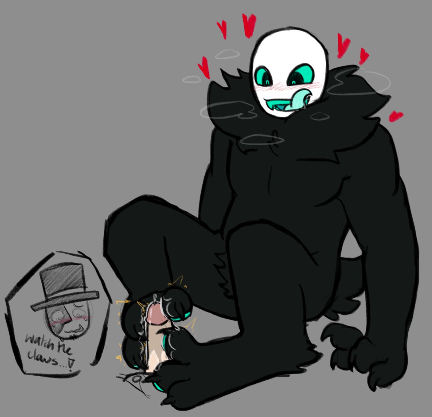 2boys, artful (die of death), black body, black skin, deepseatrenches, die of death (roblox), duo, footjob, gay, hat, headwear, heart, licking lips, male, mask, pawjob, penis, pursuer (die of death), roblox, roblox game, robloxian, sitting, tagme, tongue, tongue out, top hat