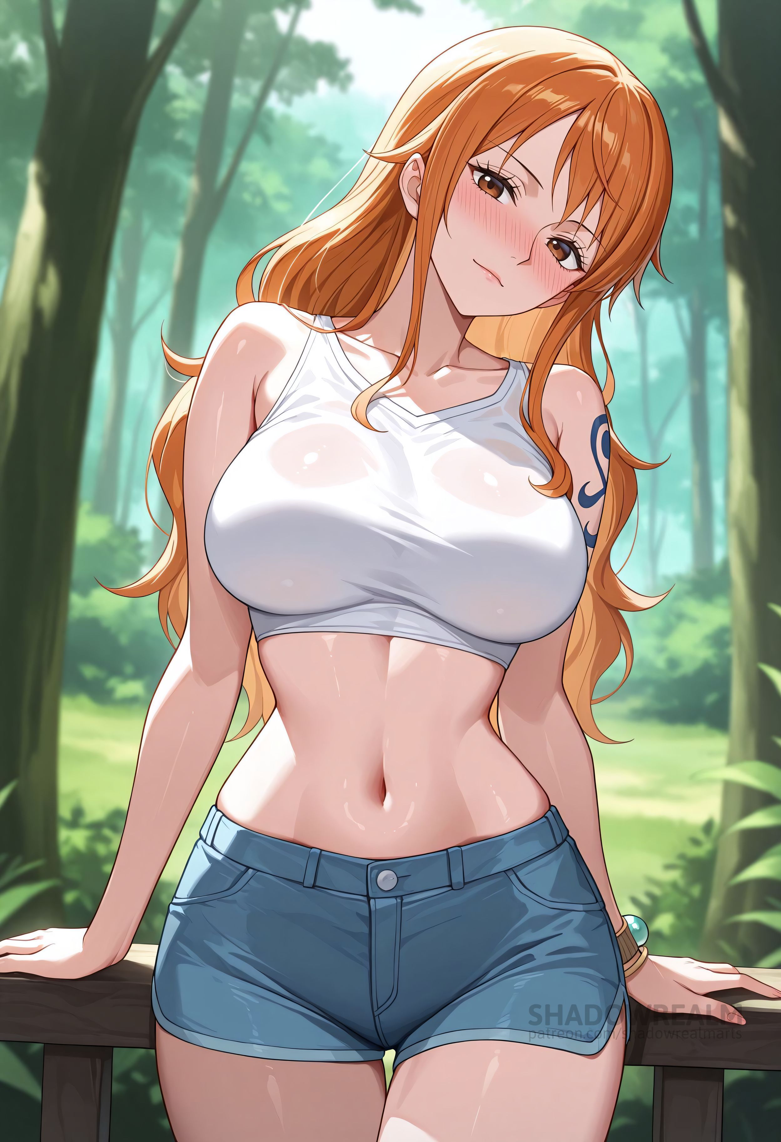1girls, ai generated, arm tattoo, bare arms, bare shoulders, blue shorts, blue tattoo, blush, bracelet, breasts, brown eyes, closed mouth, collarbone, cowboy shot, crop top, day, denim, denim shorts, female, female only, forest, head tilt, jewelry, large breasts, long hair, looking at viewer, midriff, nami (one piece), nature, navel, one piece, orange eyes, orange hair, orange-haired female, outdoors, shadowrealmarts, shirt, short shorts, shorts, shoulder tattoo, sleeveless, sleeveless shirt, solo, stomach, tank top, tattoo, thigh gap, thighs, tree, uncensored, white shirt, white tank top
