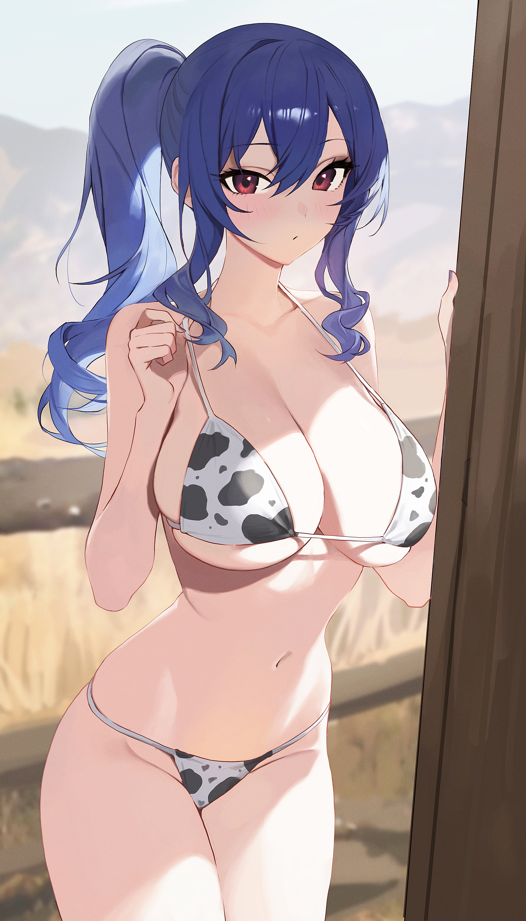 1girls, absurdres, alternate costume, animal print, azur lane, bare arms, bikini, blue hair, blurry, blurry background, blush, breasts, cleavage, closed mouth, collarbone, commentary request, cow print, cow print bikini, eagle union (azur lane), female, female only, hair between eyes, halterneck, highres, large breasts, light skin, light-skinned female, long hair, looking at viewer, making-of available, navel, print bikini, red eyes, rucarachi, side ponytail, solo, st. louis (azur lane), stomach, swimsuit, thighs