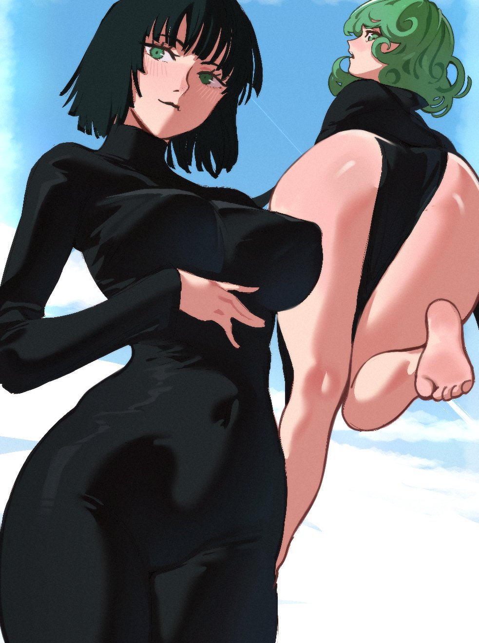 2girls, ass, ass focus, bare legs, barefoot, black dress, black hair, blue sky, blush, breasts, closed mouth, clothing, cloud, covered navel, covered nipples, curly hair, day, dress, feet, female, flipped hair, floating, from behind, from below, fubuki (one-punch man), green eyes, green hair, green-haired female, impossible clothes, kneepits, large breasts, long dress, long sleeves, looking at viewer, looking back, multiple females, multiple girls, one-punch man, pelvic curtain, roropull, short hair, siblings, side slit, sisters, sky, smile, soles, tatsumaki, tatsumaki (one-punch man), thighs, toes