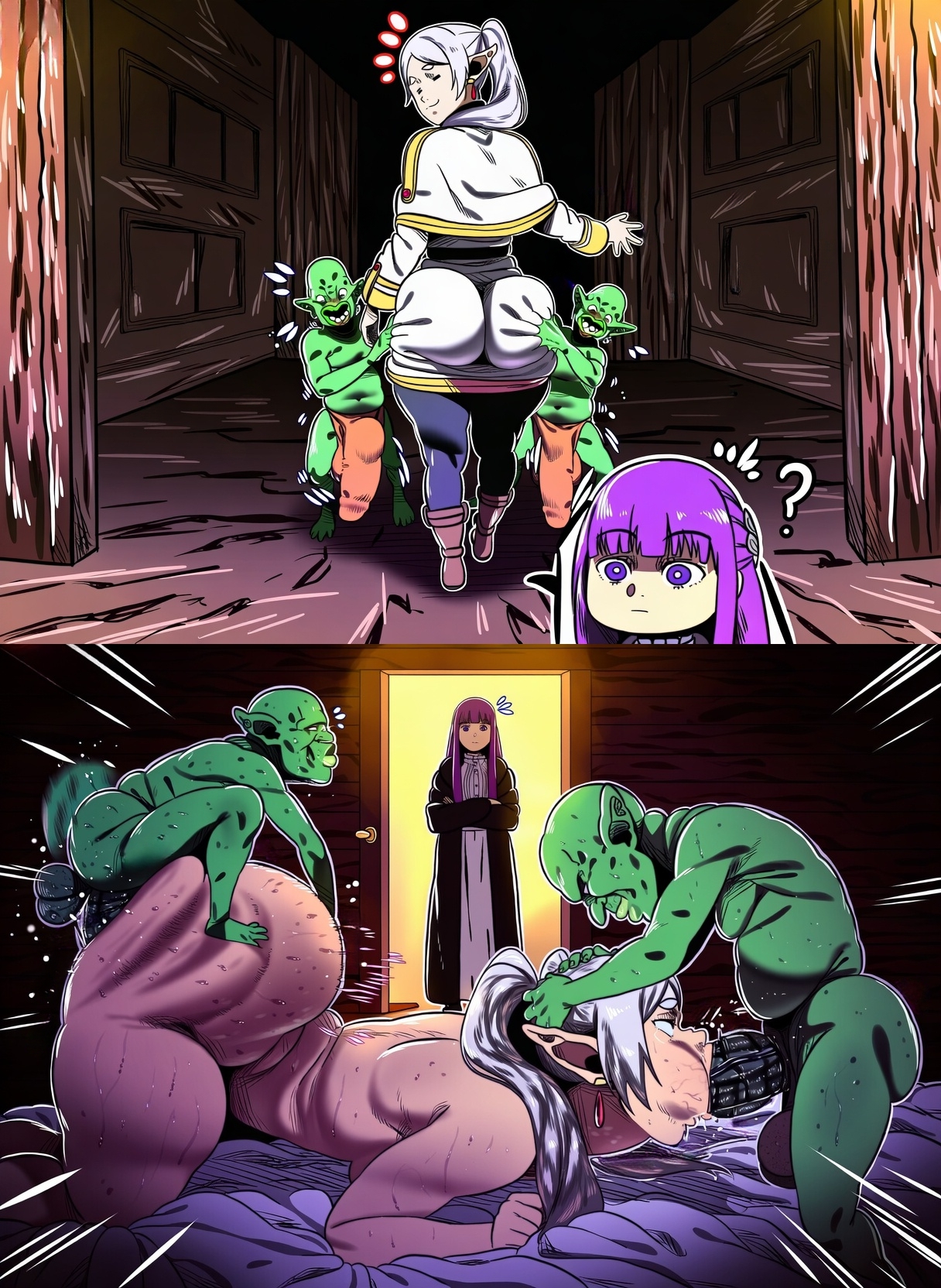 2boys, 2girls, 2koma, ai generated, ass, balls, bed, bedroom, before and after, big ass, big balls, big butt, big penis, blowjob, bubble ass, bubble butt, bulge, bulge through clothing, caught in the act, cheek bulge, clothed, clothed female, clothing, d-art style, doggy style, double penetration, elf, elf ears, elf female, fat ass, fat butt, fellatio, female, female penetrated, fern (sousou no frieren), forced, forced oral, frieren, from behind, from behind position, goblin, goblin male, goblin on elf, grey hair, hard on, head grab, hentai4life , huge ass, huge butt, huge cock, indoors, interspecies, kugly bastard, light skin, light-skinned female, looking at viewer, looking back, looking back at viewer, male, male penetrating female, male/female, mmf threesome, mounting, multiple boys, multiple girls, novelai, nude, on bed, oral, oral penetration, oral sex, pale skin, pale-skinned female, penetration, penis, penis in mouth, pounding, rough sex, round ass, round butt, sex, sex from behind, small but hung, small dom big sub, smile, sousou no frieren, spitroast, standing, thick ass, thick butt, threesome, thrusting, waving
