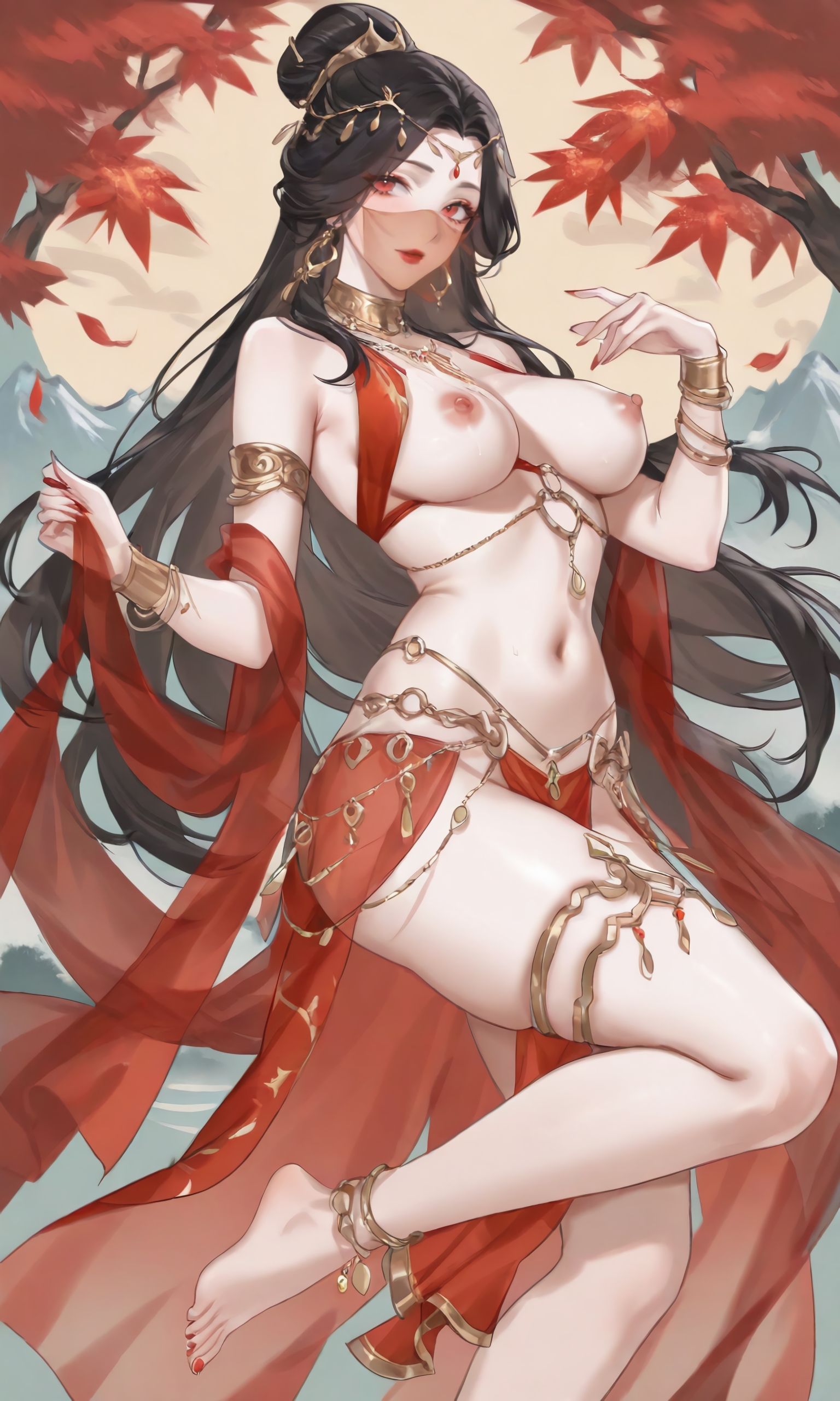 1girls, ai generated, anklet, areolae, armlet, barefoot, belly, belly button, black hair, bracelet, breasts, cleavage, dancer, dancer outfit, dark hair, dark-haired female, earrings, exotic, exotic dancer, face veil, female, gold jewelry, hair bun, hair ornament, hourglass figure, jewelry, light skin, light-skinned female, loincloth, long hair, navel, nipples, no panties, nudity, partially clothed, partially clothed female, pelvic curtain, protocat, red clothing, red eyes, self upload, skimpy, skimpy clothes, slim waist, solo, solo female, thick thighs, thighlet, thighs, veil, wandering sword, yaoji