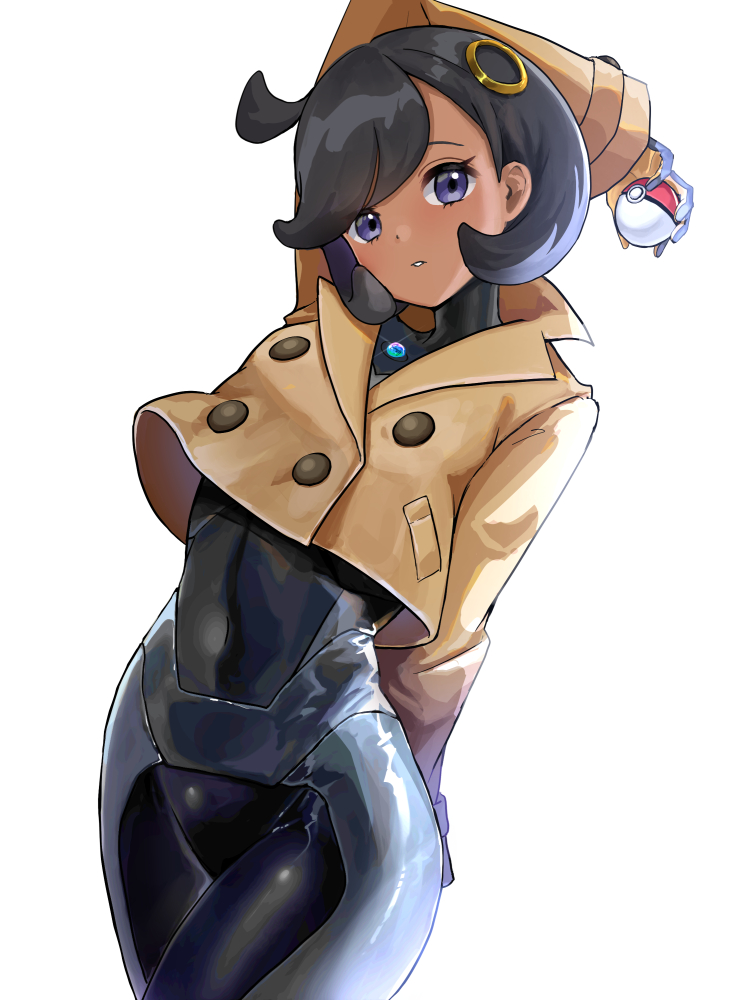1girls, arm up, black bodysuit, black clothing, black hair, black rubber, blue eyes, bodysuit, bodysuit under clothes, breasts, clothing, coat, dark skin, dark-skinned female, emma (pokemon), female, female focus, female only, game freak, gloves, hair ornament, holding, human, human only, jacket, jpeg, looking at viewer, matiere (pokemon), mega stone, nintendo, pokemon, purple eyes, rubber, rubber clothing, rubber suit, setta shu, shiny clothes, short black hair, short hair, simple background, solo, tomboyish, white background