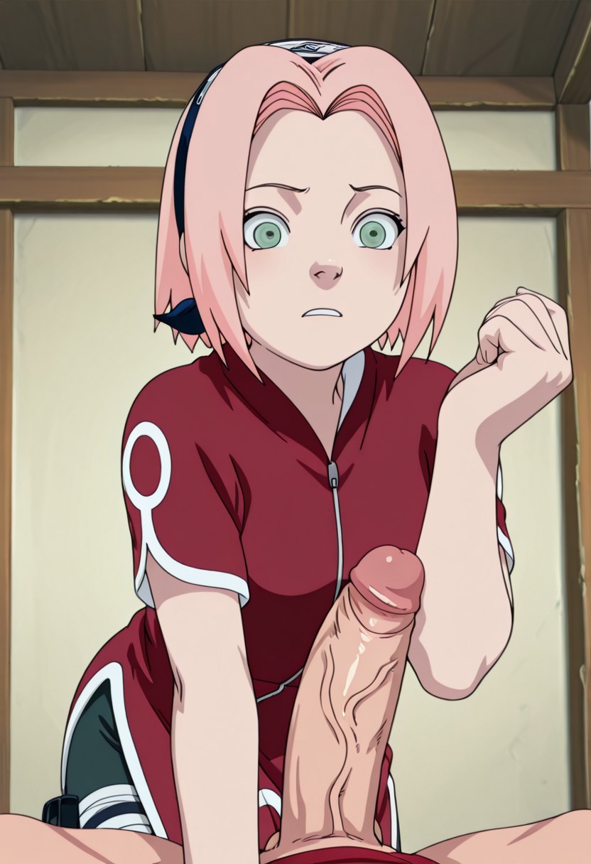 1boy, 1girls, ai generated, female, forearm cock, green eyes, light-skinned male, looking at penis, male, naruto, naruto (series), naruto shippuden, novaro1337, penis, penis measuring, pink hair, qipao, red shirt, sakura haruno, shirt, shocked, shocked expression, short hair, short sleeve, short sleeves, veiny penis