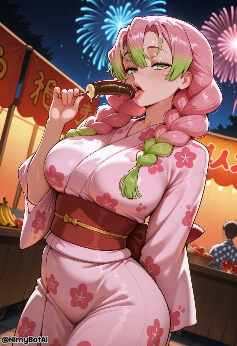 1boy, ai generated, banana, bangs, blush, braid, breasts, demon slayer, female, festival, fireworks, floral print, food, fruit, gradient hair, green eyes, green hair, high resolution, highres, holding, japanese clothes, kanroji mitsuri, kimetsu no yaiba, kimono, large breasts, long hair, long sleeves, looking at viewer, male, mole, mole under eye, multicolored hair, night, nimybotai, obi, open mouth, phallic symbol, pink hair, pink kimono, saliva, sash, sexually suggestive, sky, solo focus, summer festival, tongue, tongue out, twin braids, twitter username, two-tone hair, yukata