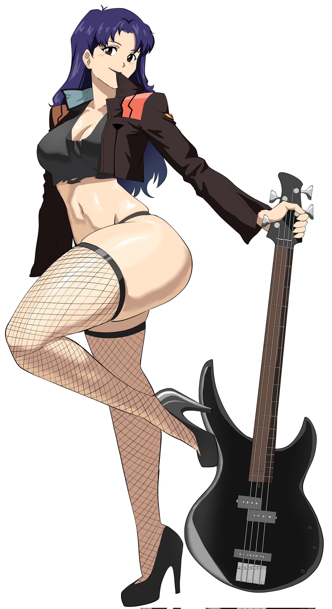 1girls, 2d, bass guitar, blue hair, breasts, clothed, clothed female, color, crop top, cropped jacket, female, female only, fishnet legwear, fishnet stockings, fishnets, full color, goth, goth girl, guitar, heels, high heels, instrument, jacket, leg up, legwear, light skin, light-skinned female, looking at viewer, misato katsuragi, neon genesis evangelion, non-nude, octavius dp, panties, purple hair, shoes, solo, stockings, thick thighs, thighhighs, white background, wide hips
