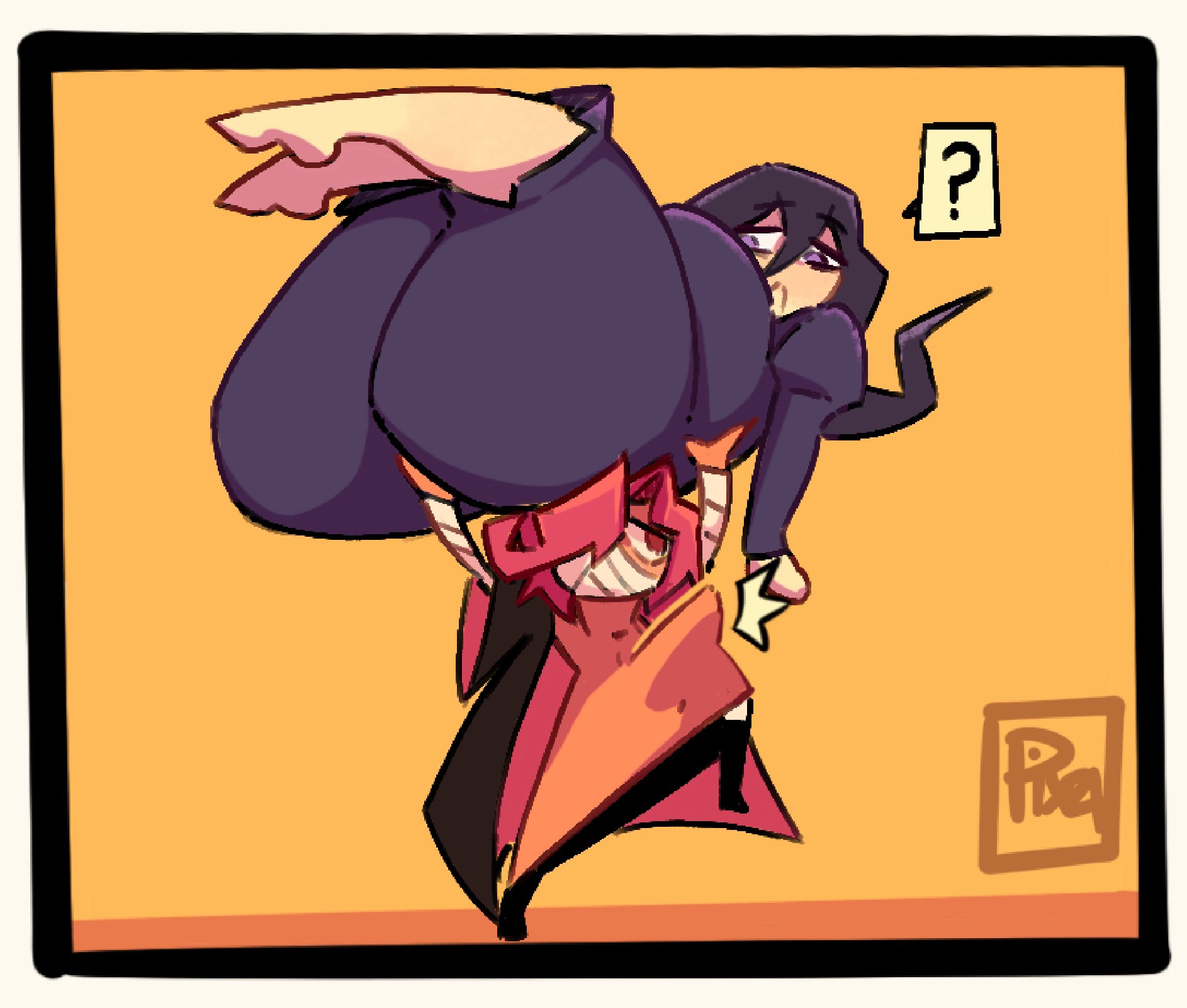 ?, 1girls, ambiguous gender, ass, ass body, background, big ass, big breasts, boner, breasts, clothed, clothing, comic, confusion, erect penis, erection, erection under clothes, exclamation point, female, game freak, hag, hex maniac, hex maniac (pokemon legends: z-a), huge ass, imminent sex, large ass, large breasts, lifting, lifting person, long hair, nintendo, orange theme, panels, penis, pixzapix, pokemon, pokemon legends: z-a, question mark, story, thick thighs, thighs, thunder thighs, watermark