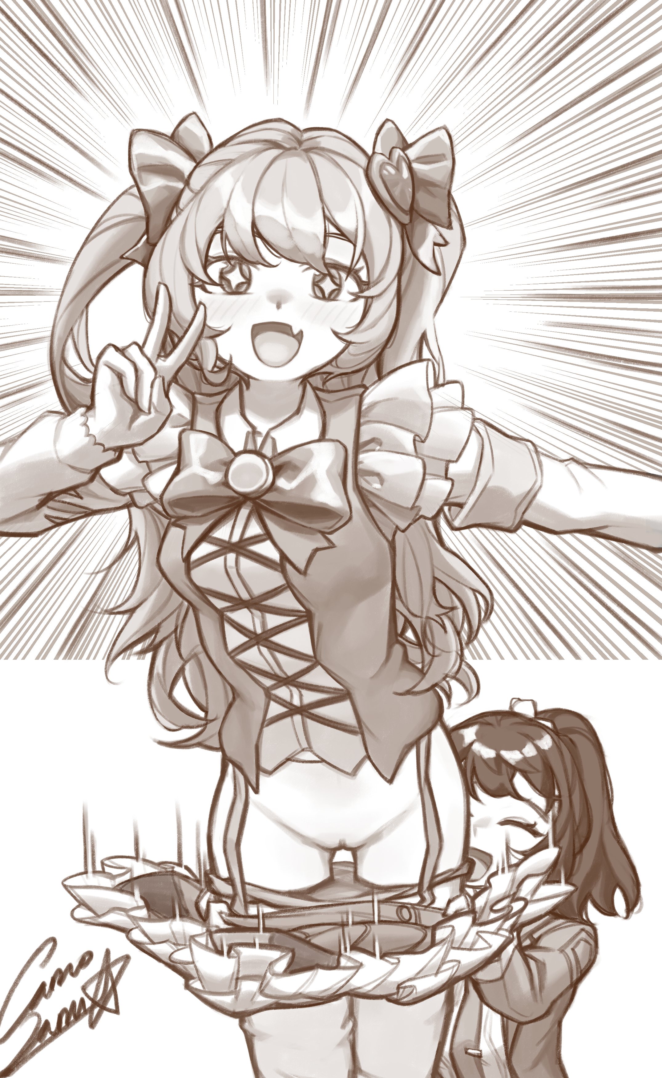 2girls, ambiguous gender, blush, dante (limbus company), don quixote (limbus company), female, female focus, female only, limbus company, pantsing, peace sign, pose, prank, project moon, pulling down pants, pussy, sami camo, small breasts, solo focus, star eyes, tagme, uncensored, undressing, vagina