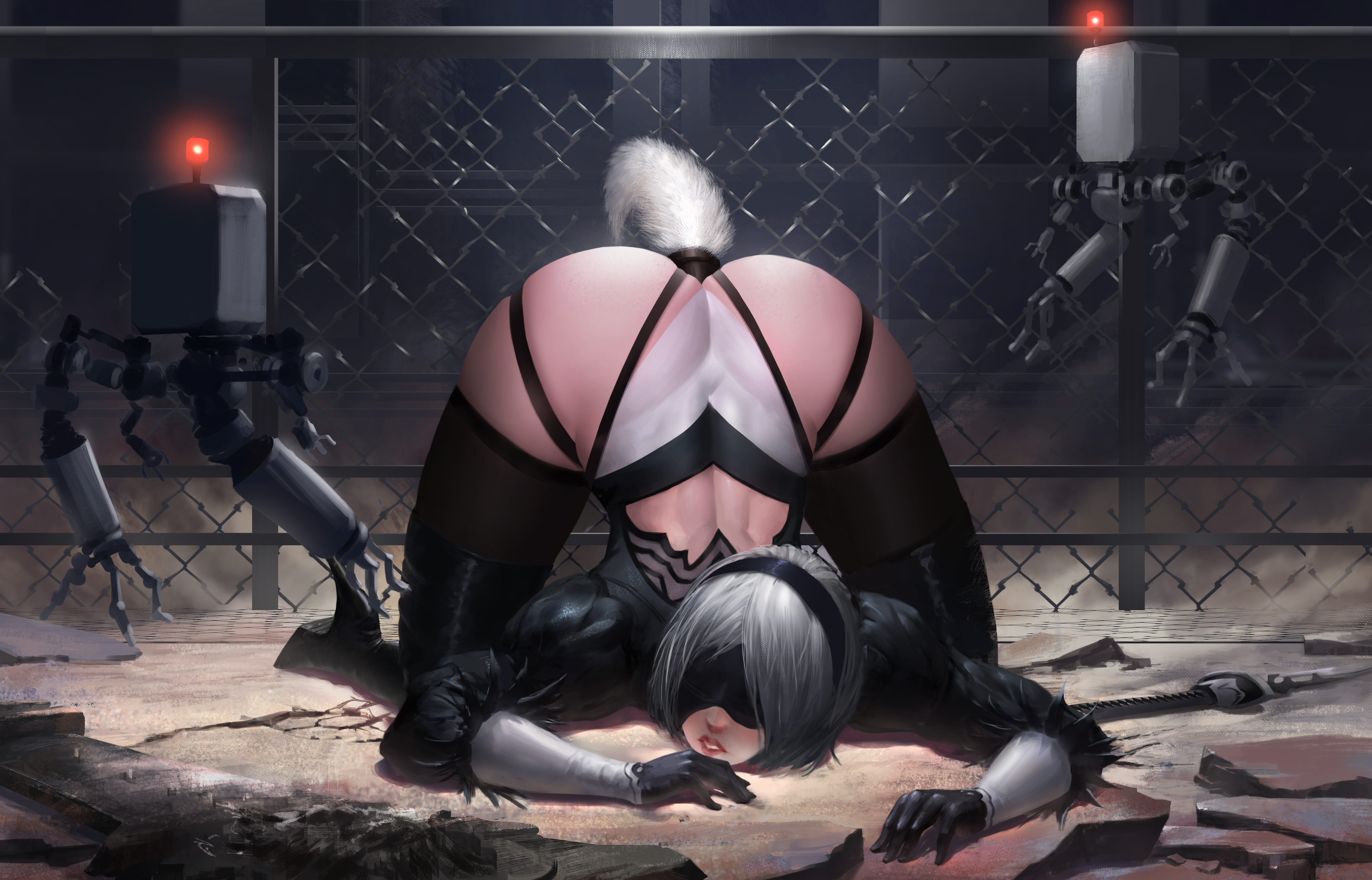 absurd res, anal plug, android, ass, blindfold, boots, buttplug, buttplug tail, female, fence, gloves, high heel boots, high heels, highres, leotard, leshin, lips, nier, nier: automata, pod (nier), robot, silver hair, skin tight, skindentation, small waist, solo, solo focus, tail, thighhighs, top-down bottom-up, wide hips, yorha 2b