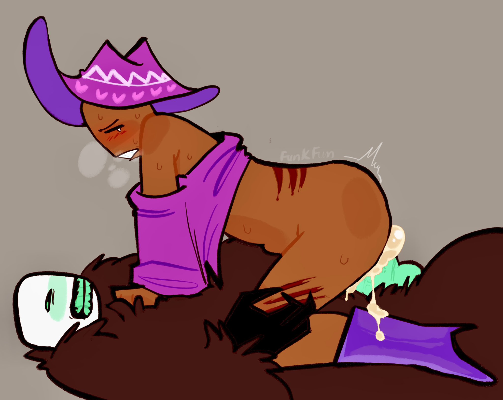 1ambiguous, 1boy, 1boys, ambiguous gender, ambiguous penetration, black fur, blood, blush, cowboy hat, cum, cum inside, cuts, cuts on thighs, dark skin, die of death (roblox), duo, funkfun, fur, hat, headwear, loveshot (die of death), male, monster, monster fucker, panting, penis, pursuer (die of death), riding, riding penis, roblox, roblox game, robloxian, sweat, sweating, tagme