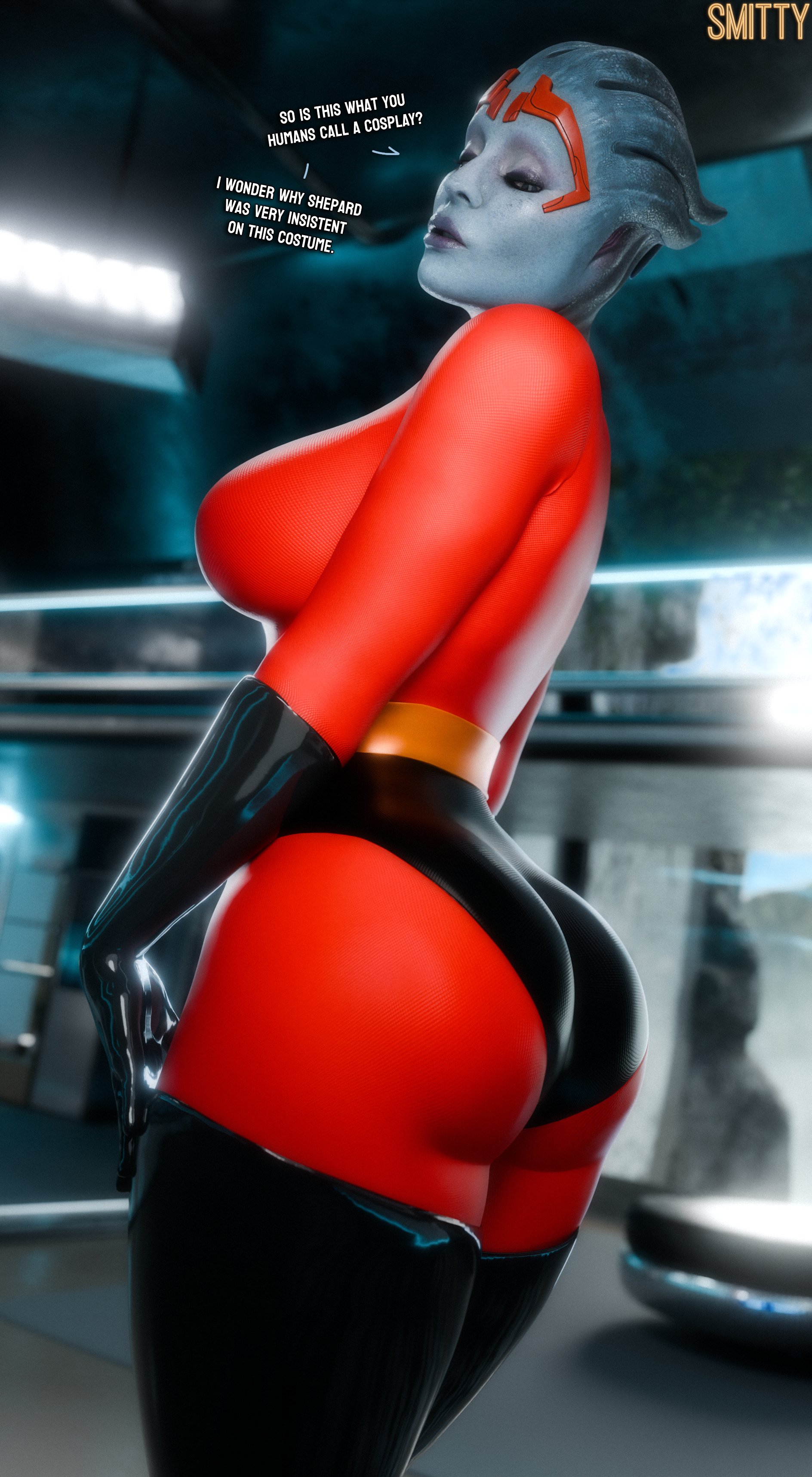1girls, 3d, 3d (artwork), alien, alien girl, artist name, asari, ass, big ass, big breasts, big butt, blue body, blue skin, blue-skinned female, breasts, clothed, clothed female, cosplay, dialogue, elastigirl (cosplay), english text, female, female only, gloves, mass effect (series), mass effect 2, non-nude, samara, side view, smitty34, solo, superhero costume, text, thighhighs, video game character