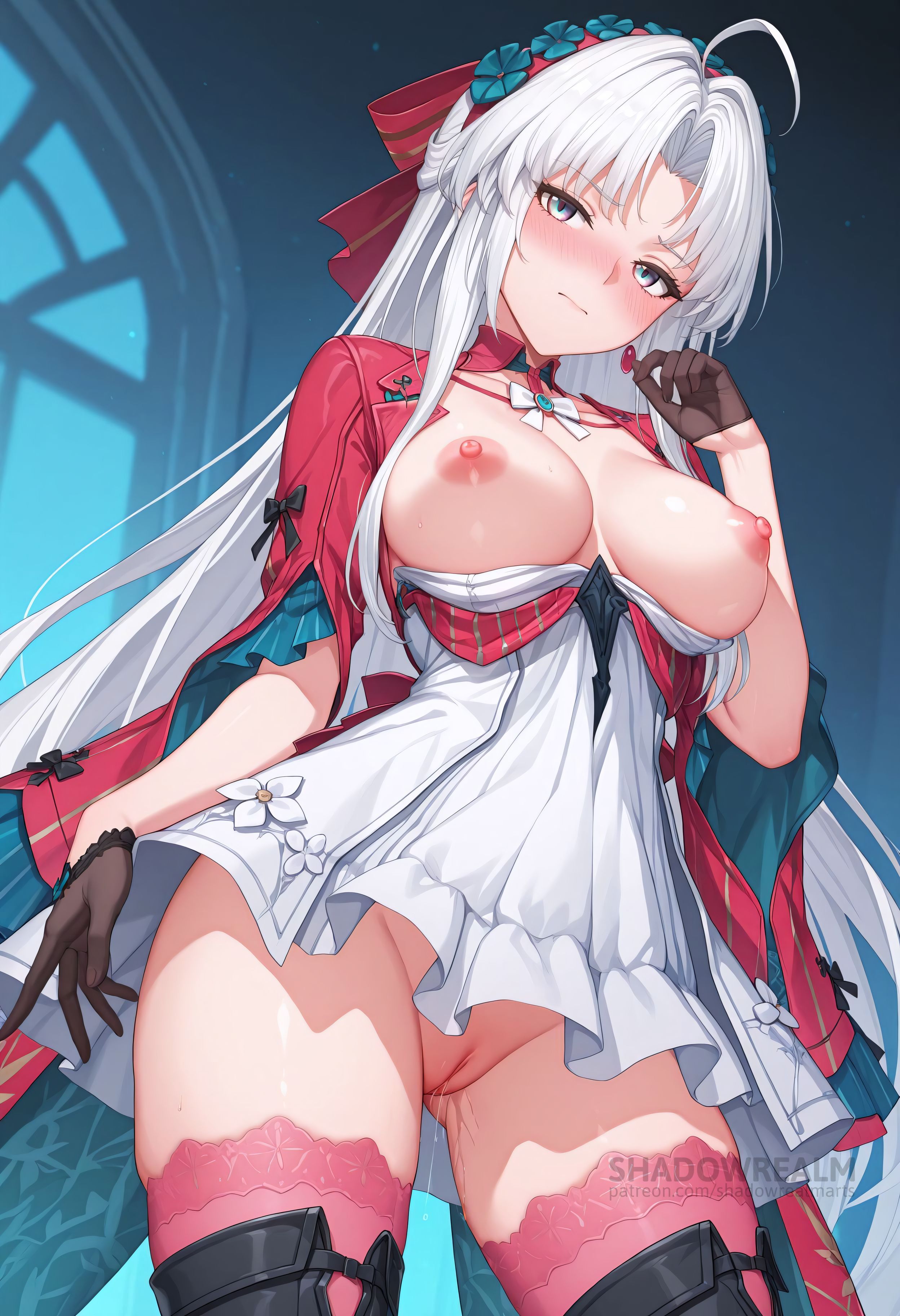 ahoge, ai generated, blue eyes, blush, boots, breasts, breasts out, carlotta (wuthering waves), closed mouth, dress, earrings, female, flower, gloves, hair ornament, large breasts, long hair, looking at viewer, nipples, no panties, pink thighhighs, pussy, pussy juice, shadowrealmarts, solo, thighhighs, uncensored, white dress, white hair, wide sleeves, wuthering waves