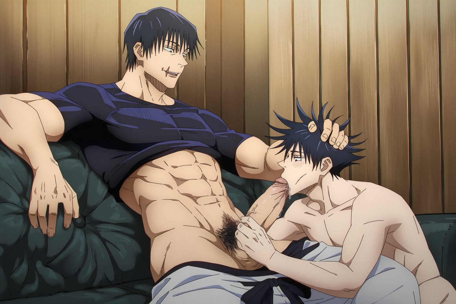 2boys, abs, ai generated, balls, big penis, black hair, blowjob, fushiguro megumi, gay, gay blowjob, gay male, gilxxgamesh, grabbing penis, hand on head, hand on penis, jujutsu kaisen, light skin, light-skinned male, male, open mouth, oral, penis, pubic hair, scar, sitting, toji fushiguro, veiny penis, yaoi
