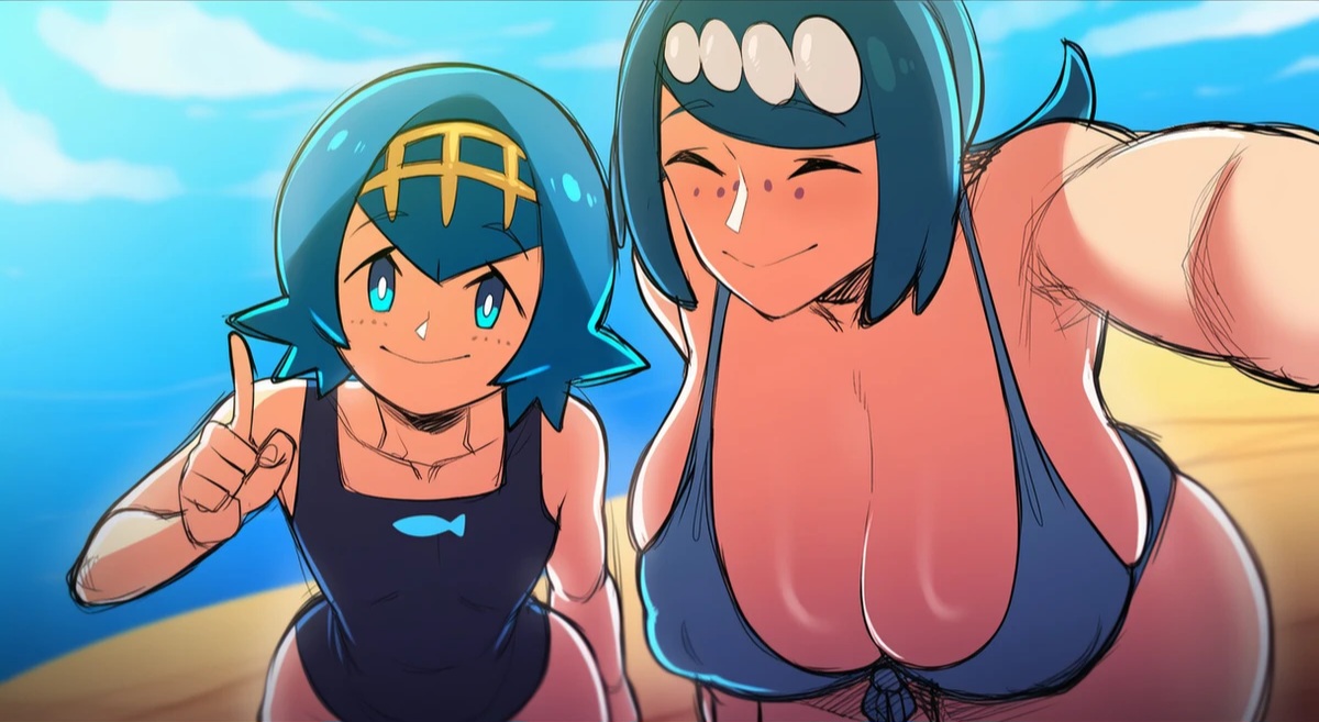 2girls, ai generated, beach, breasts, female, female only, huge breasts, lana (pokemon), lana's mother (pokemon), mother and daughter, mullon, multiple females, multiple girls, pokemon, pokemon sm, swimsuit, tight clothing