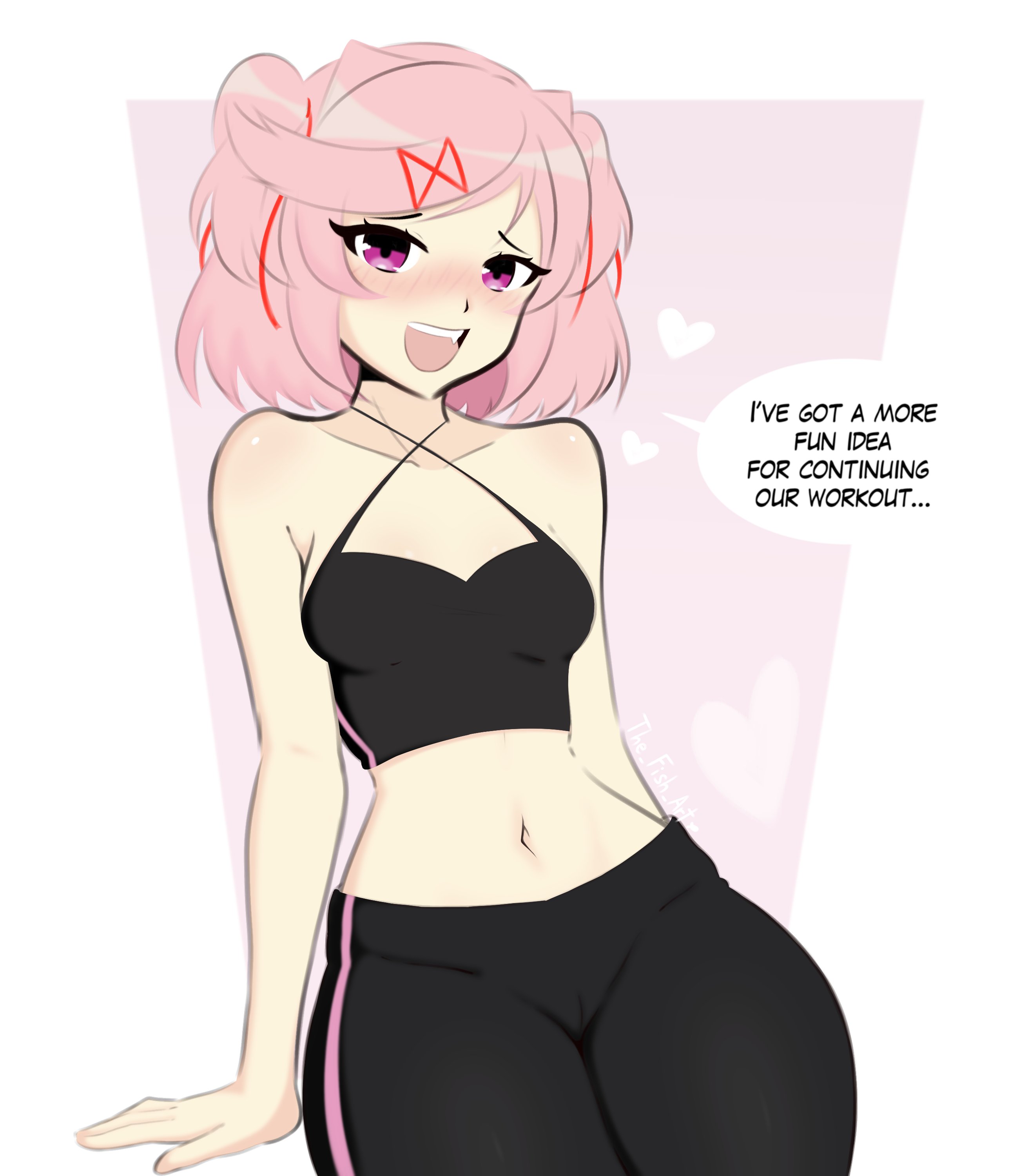 1girls, bra, dialogue, doki doki literature club, english text, female, female only, image set, natsuki (doki doki literature club), solo, text, thefishart, thick thighs, thighs, tights, workout clothes