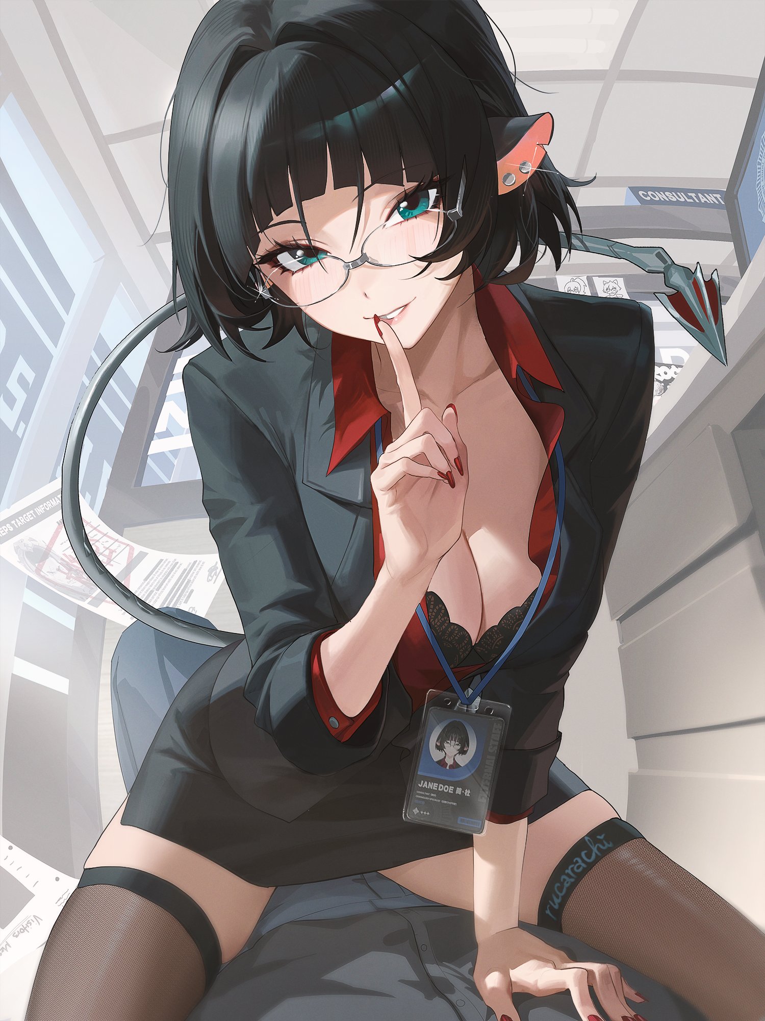 alternate costume, animal ears, artist name, bespectacled, black bra, black hair, black jacket, black nails, black skirt, blazer, bra, bra peek, breasts, brown thighhighs, cleavage, commentary, cowgirl position, english commentary, female, female only, finger to mouth, fingernails, glasses, green eyes, hair intakes, highres, jacket, jane doe (zenless zone zero), lanyard, large breasts, looking at viewer, mouse ears, mouse girl, mouse tail, nail polish, red nails, red shirt, rucarachi, shirt, shushing, sitting, sitting on person, skirt, smile, tail, thighhighs, underwear, zenless zone zero