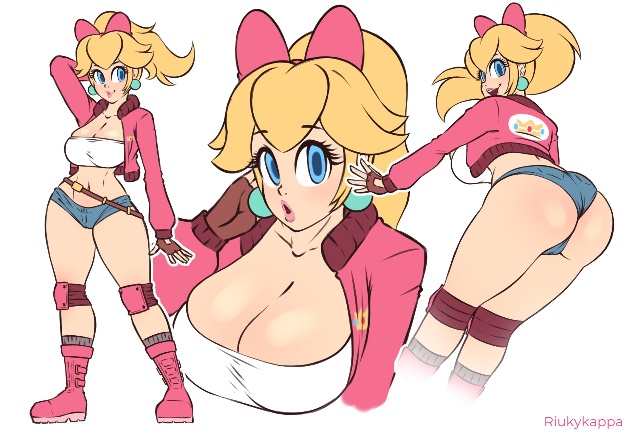 1girls, ass, blonde hair, blue eyes, blue shorts, booty shorts, bow, bow on head, breasts, bubble butt, cleavage, clothing, cropped jacket, ear piercing, eyelashes, female, female only, gloves, hourglass figure, human, human only, jacket, kneepads, light skin, light-skinned female, looking at viewer, mammal, mario (series), mario kart, mario kart world, mature, mature female, multiple images, nintendo, official alternate costume, open mouth, pink bow, pink jacket, pink shoes, princess peach, princess peach (touring), riukykappa, sexy, shirt, shorts, solo, thighs, tongue, tongue out, voluptuous, voluptuous female, wet clothes, white background