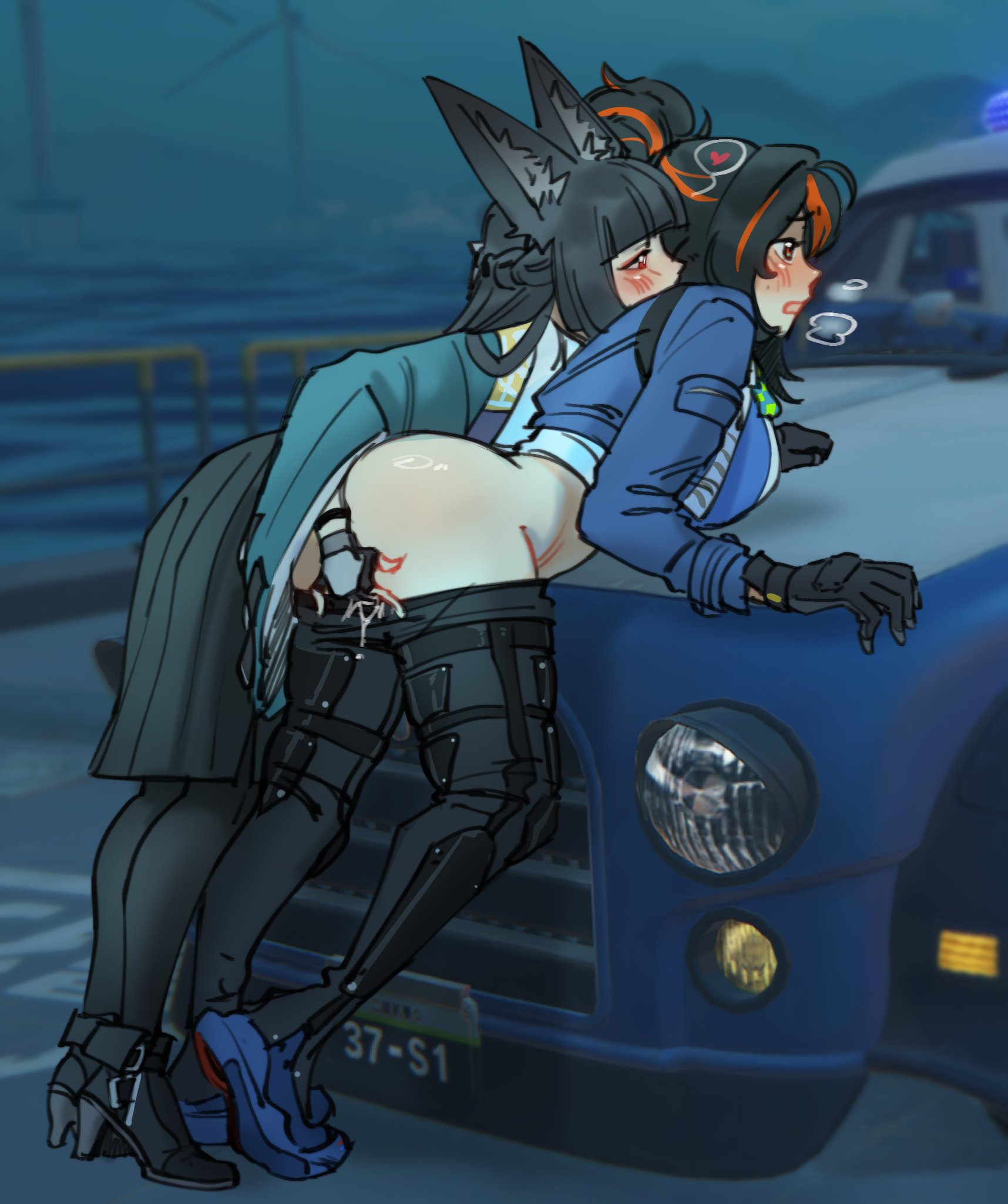 2girls, bent over, bent over car, blush, blush lines, breath, breath cloud, breathing, female, female only, female/female, fingering, fingering partner, fingers, fox ears, fox girl, heart, hoshimi miyabi, lesbian, lesbian sex, mostly clothed, night, outdoor nudity, outdoor sex, outdoors, outside, outside sex, panties down, pants down, partial nudity, partially nude, public, public exposure, public nudity, public sex, pussy, sweeter kiwiis, wet, wet pussy, yuri, zenless zone zero, zhu yuan