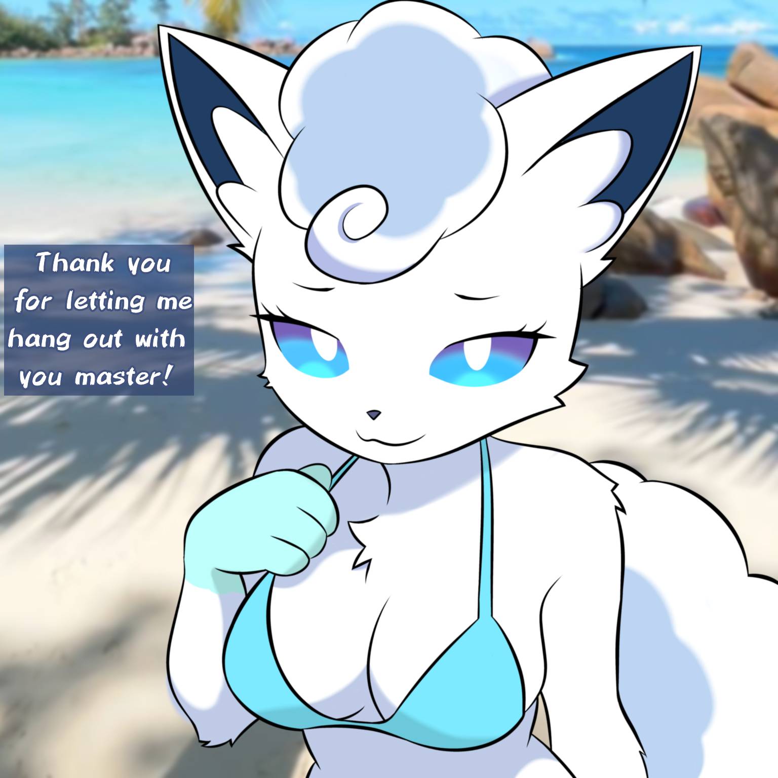 1:1, 2025, alolan form, alolan vulpix, anthro, anthrofied, beach, bikini, blue bikini, blue clothing, blue hands, blue sclera, blue swimwear, blurred background, breasts, chest tuft, cleavage, clothed, clothing, depth of field, dialogue, digital media (artwork), english text, evaacii, female, fur, generation 7 pokemon, gloves (marking), hair, hi res, looking at viewer, markings, master, medium breasts, nintendo, photo background, photography (artwork), pokemon, pokemon (species), pokemorph, regional form (pokemon), smile, solo, swimwear, tail, text, triangle bikini, tuft, two-piece swimsuit, white body, white eyes, white fur, white hair
