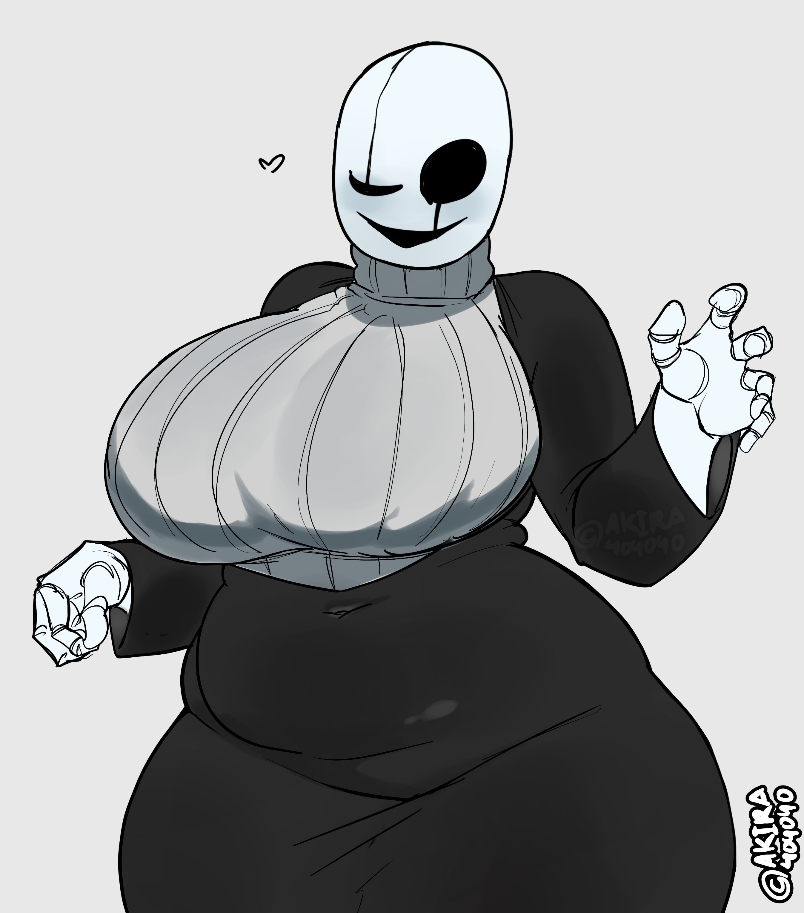 1girls, akira404040, big belly, boobs bigger than head, breasts, clothed, clothing, fem gaster, female, female only, gaster, genderbend, genderswap, gray sweater, heart, hi res, huge boobs, huge breasts, milf, rule 63, simple background, solo, solo female, sweater, thick ass, thick thighs, turtleneck, turtleneck sweater, undertale, undertale (series)