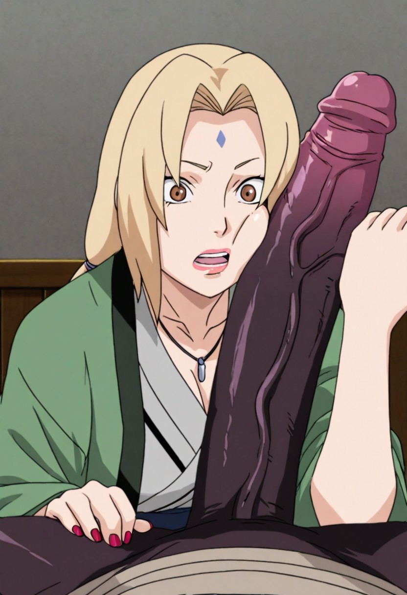 1boy, 1girls, ai generated, big penis, black penis, blonde hair, breasts, brown eyes, dark skin, dark-skinned male, female, forearm cock, green haori, grey kimono, haori, interracial, large penis, looking at penis, male, naruto, naruto (series), naruto shippuden, novaro1337, penis, penis measuring, shocked, shocked expression, tsunade, veiny penis