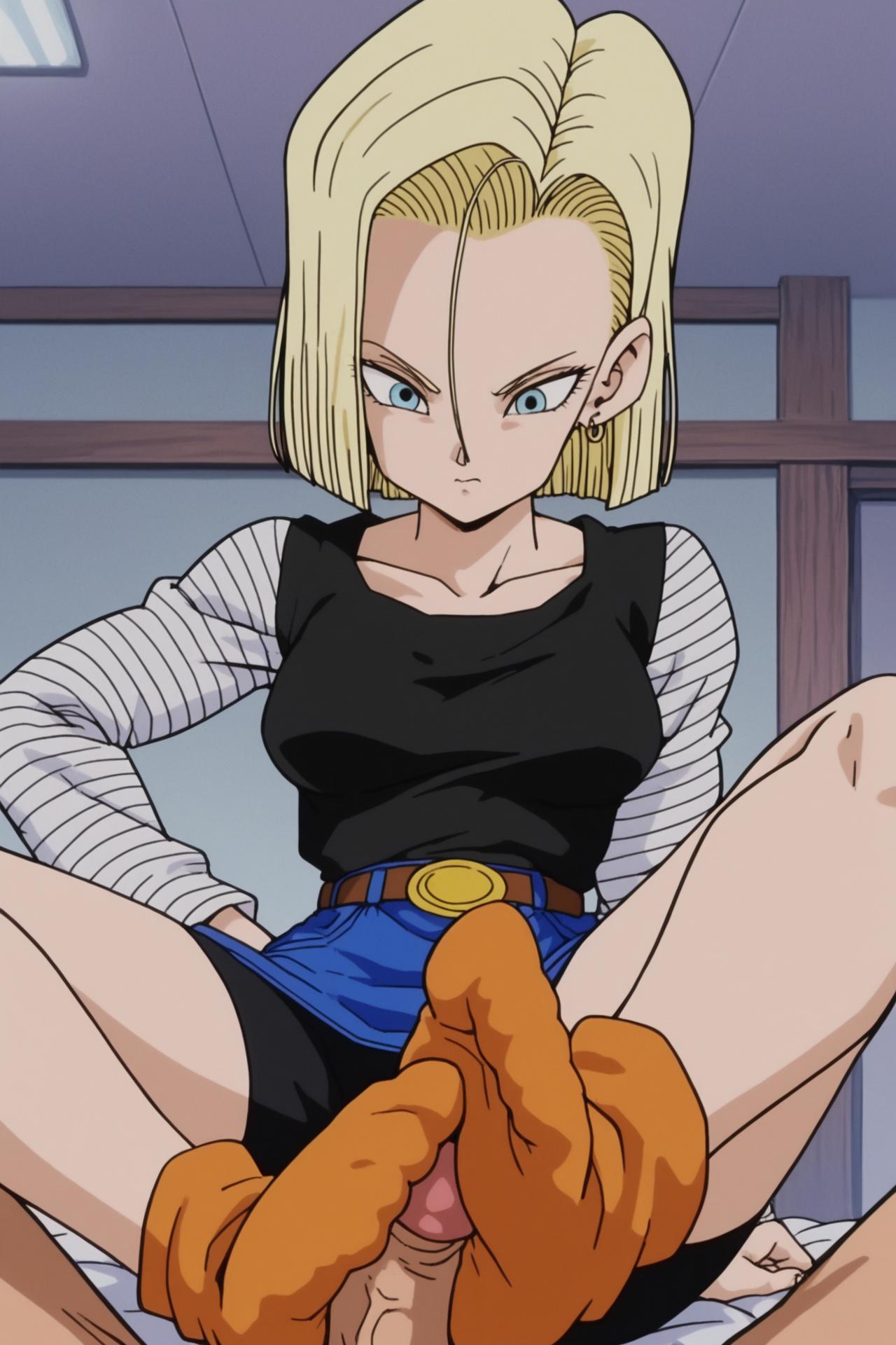 2d, ai generated, android 18, blonde female, blonde hair, dragon ball, dragon ball z, feet, feet on penis, female, fetish, foot fetish, foot focus, foot play, footjob, full color, fully clothed, male, penis, sockjob, socks, soles of feet in socks