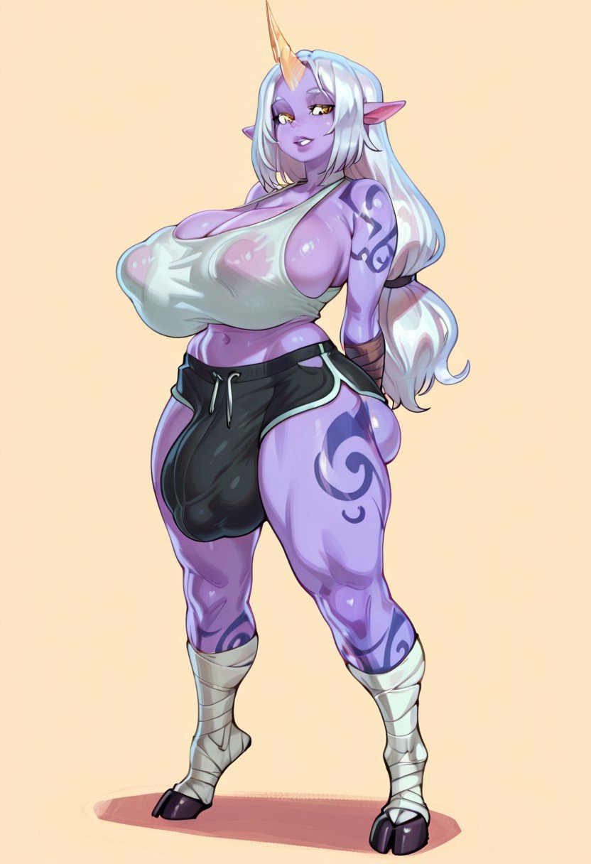 2d, ai generated, balls, breasts, bulge through clothing, colored skin, futa only, futanari, gravure soraka, huge ass, huge balls, huge cock, intersex, league of legends, massive breasts, penis, penis under clothes, soraka, tagme