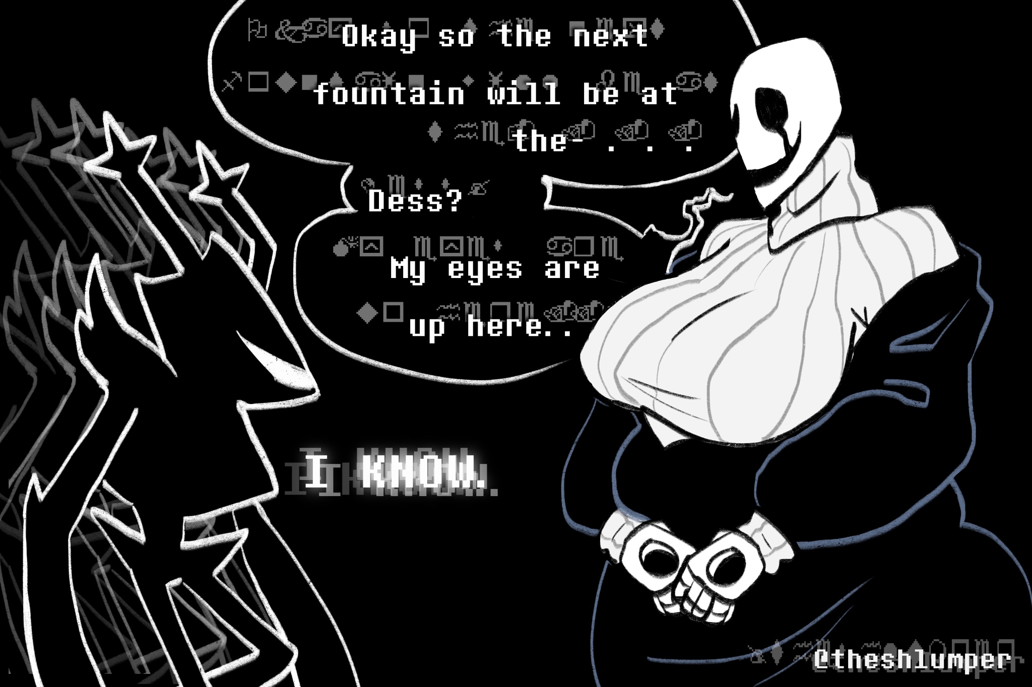 big breasts, black background, breasts, caught staring, deltarune, dess holiday, dialogue, distracted, fem gaster, female, gaster, huge breasts, my eyes are up here, roaring knight, rule 63, staring at breasts, text, text bubble, theshlumper, undertale, undertale (series), wingdings, wingdings text