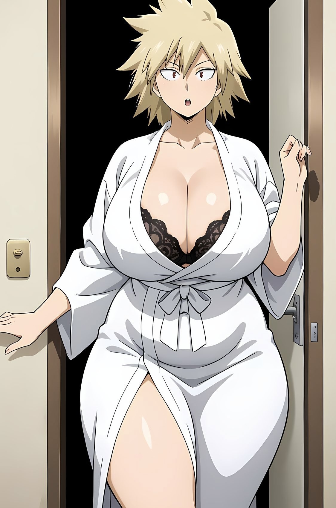 1girls, ai generated, ayyaai, bakugou mitsuki, bathrobe, belly, big breasts, blonde female, blonde hair, boku no hero academia, bra, breasts, busty, busty female, child bearing hips, chubby, chubby female, cleavage, deep cleavage, door, doorway, female, huge breasts, lace, large breasts, mature female, milf, mitsuki bakugou, mommy, mother, my hero academia, older female, open mouth, red eyes, robe, short hair, solo, solo female, solo focus, standing, surprised expression, thick thighs, tomboy, voluptuous, voluptuous female, wide hips