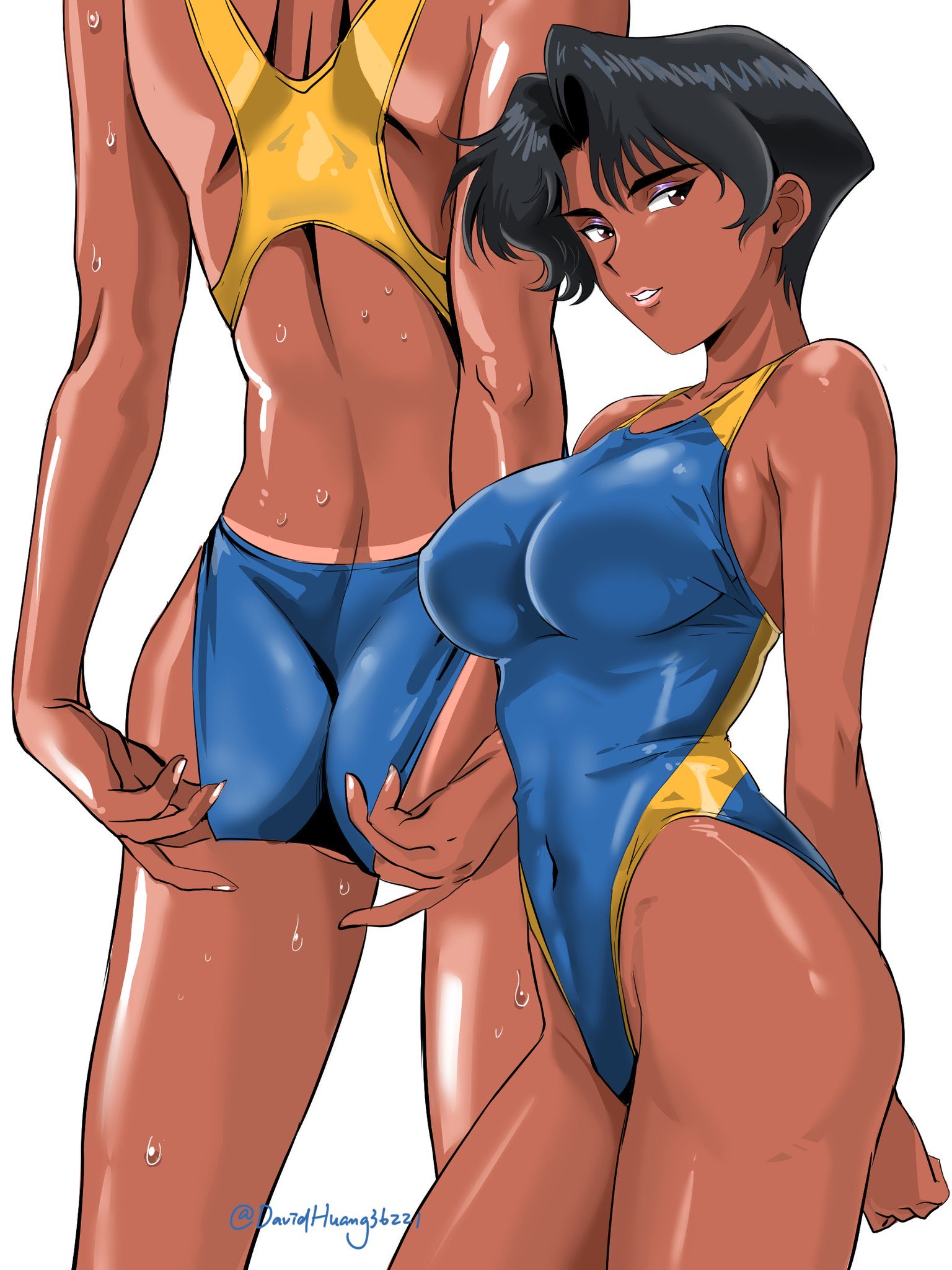 1girls, artist name, ayuko hayami, back view, big breasts, black hair, breasts, busty, dark skin, dark-skinned female, davidhuang36221, female, golden boy, one-piece swimsuit, purple eyeshadow, short hair, soaked, swimsuit, tanlines