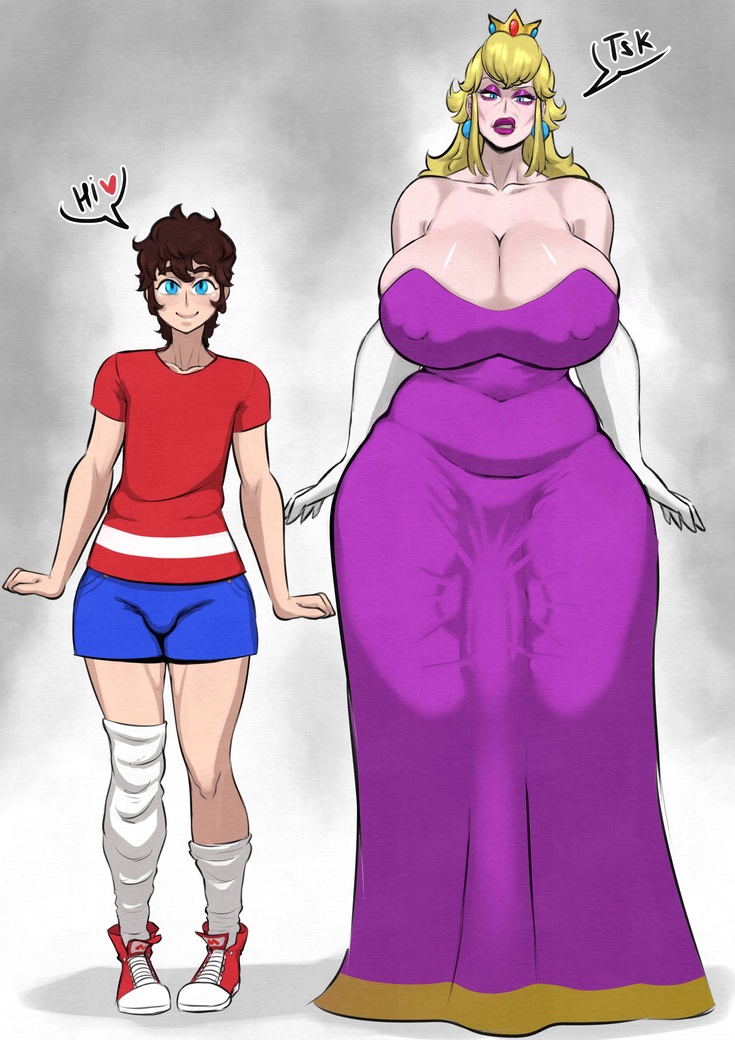 1boy, 1futa, aged up, breasts, bulge, clothed, clothing, dittochad, duo, femboy, fully clothed, futa is bigger, futa on male, futa with male, futanari, gigantic breasts, huge breasts, huge cock, huge penis, human, intersex, larger futa, light skin, light-skinned male, male, male/futa, mario, mario (series), mature, mature futa, nintendo, older futa, penis, penis size difference, princess peach, size difference, small penis, smaller male, standing, tight clothing, voluptuous, wrinkles, younger male
