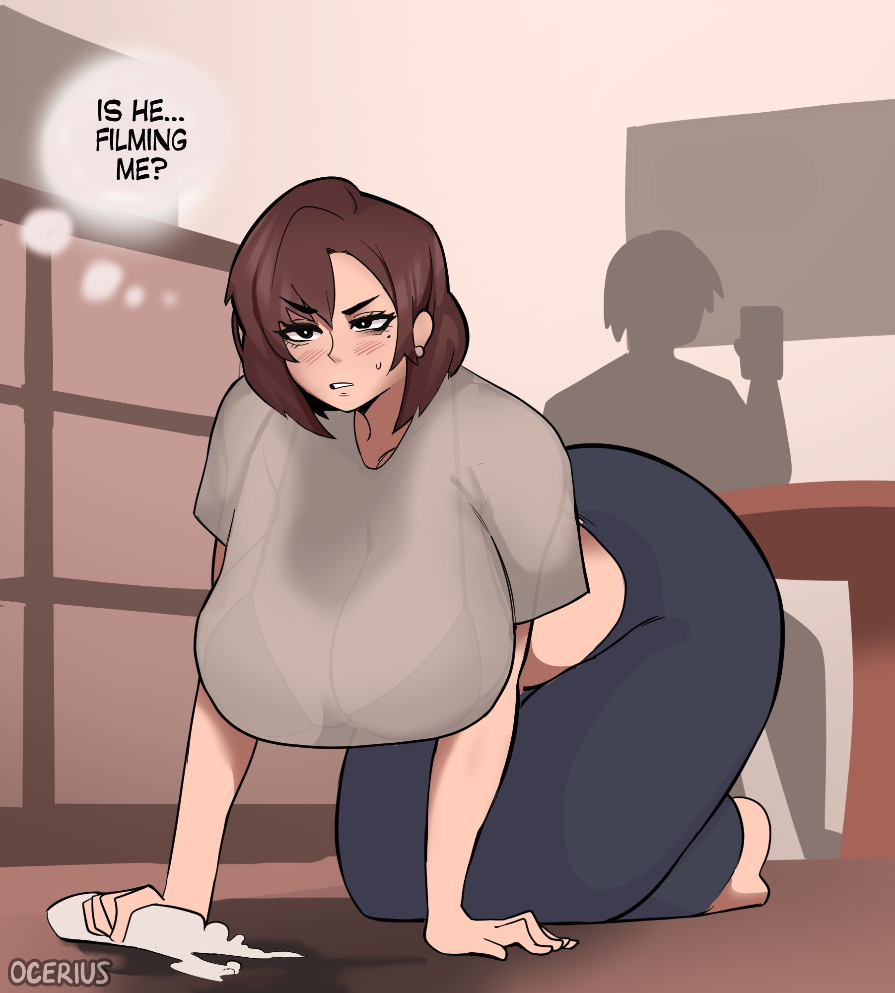1girls, black bra, bra, bra visible through clothes, breasts, cleavage, female, gigantic breasts, huge breasts, human, kneeling, koto (ocerius), mother, ocerius, revealing clothes, see-through, text