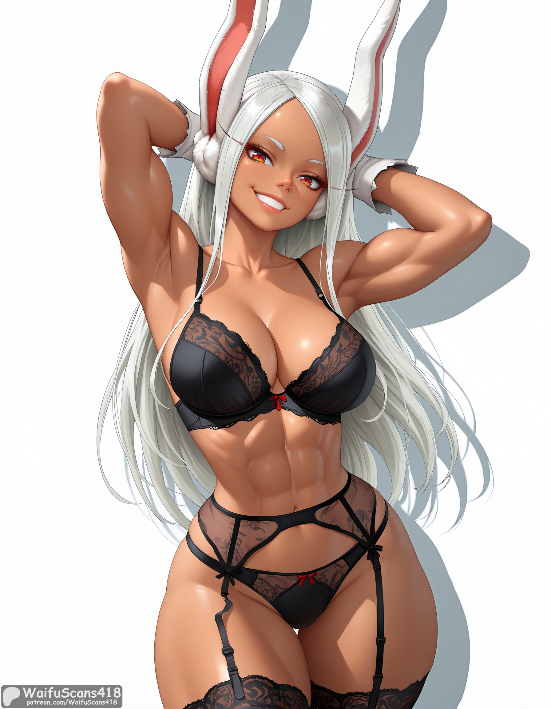 abs, ai generated, animal ears, armpits, arms behind head, arms up, artist name, bangs, biceps, black bra, black panties, black thighhighs, boku no hero academia, bow, bow panties, bra, breasts, cleavage, collarbone, cowboy shot, dark skin, dark-skinned female, female, garter belt, gloves, grin, high resolution, highres, lace trim, lace-trimmed bra, large breasts, lingerie, long eyelashes, long hair, looking at viewer, mirko, muscular, muscular female, my hero academia, navel, obliques, panties, parted bangs, rabbit ears, rabbit girl, red eyes, simple background, smile, solo, stable diffusion, teeth, thick thighs, thigh gap, thighhighs, thighs, toned, underwear, underwear only, waifuscans418, white background, white gloves, white hair