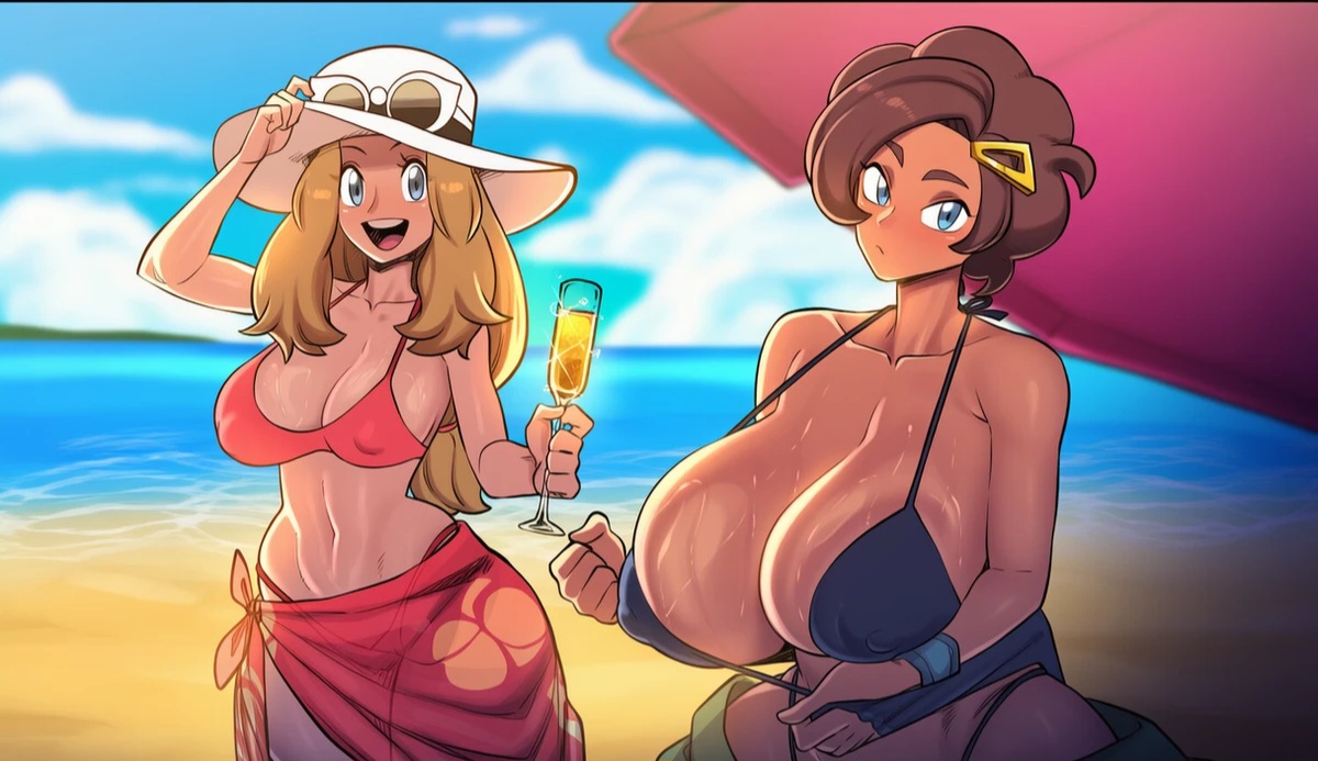 2girls, ai generated, alternate breast size, beach, breasts, female, female only, grace (pokemon), huge breasts, mother and daughter, mullon, multiple females, multiple girls, pokemon, pokemon xy, serena (pokemon), sweaty breasts, swimsuit, voluptuous female