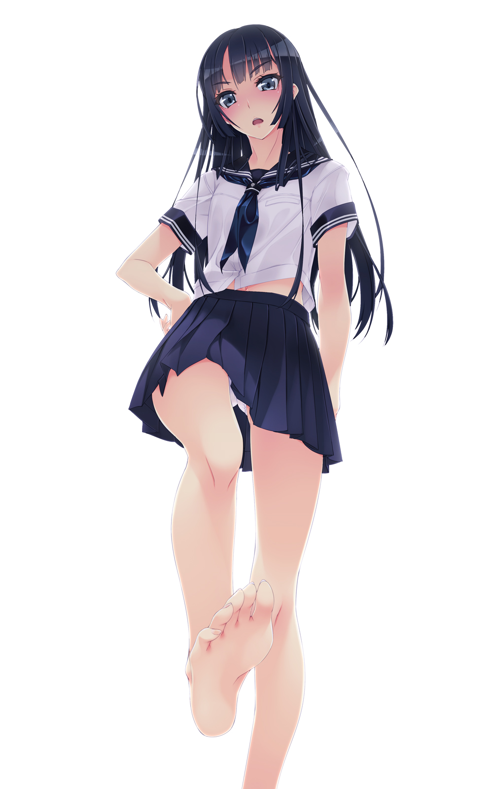 1girls, barefoot, black eyes, black hair, blush, d:, feet, female, green eyes, highres, hime cut, midriff, murakami suigun, navel, open mouth, original, panties, pantyshot, pantyshot (standing), pov feet, school uniform, skirt, soles, solo, standing, toes, underwear, upskirt