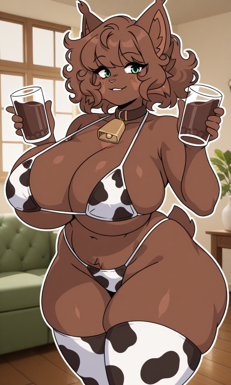 ai generated, animation meme community, breasts, chocolate milk, cow bikini, cow print, cowbell, darcie (yeagar), female, huge breasts, milk, pixai, stockings, tagme, thick thighs, thighhighs, wide hips, yeagar, youtube