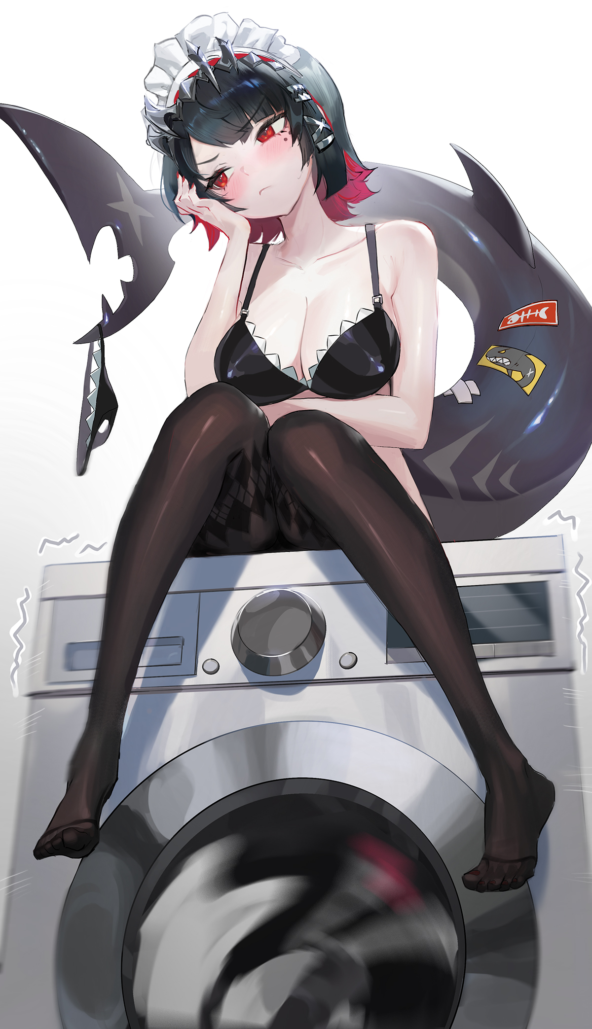 1girls, bare arms, black bra, black pantyhose, blush, bra, breasts, cleavage, closed mouth, collarbone, colored inner hair, ellen joe, female, female only, fingernails, fins, fish tail, full body, hair between eyes, hair ornament, hairclip, head tilt, highres, large breasts, looking ahead, maid headdress, mole, mole under eye, multicolored hair, nail polish, no shoes, pantyhose, red eyes, red hair, red nails, rucarachi, shark girl, shark tail, simple background, sitting, solo, tail, two-tone hair, underwear, zenless zone zero