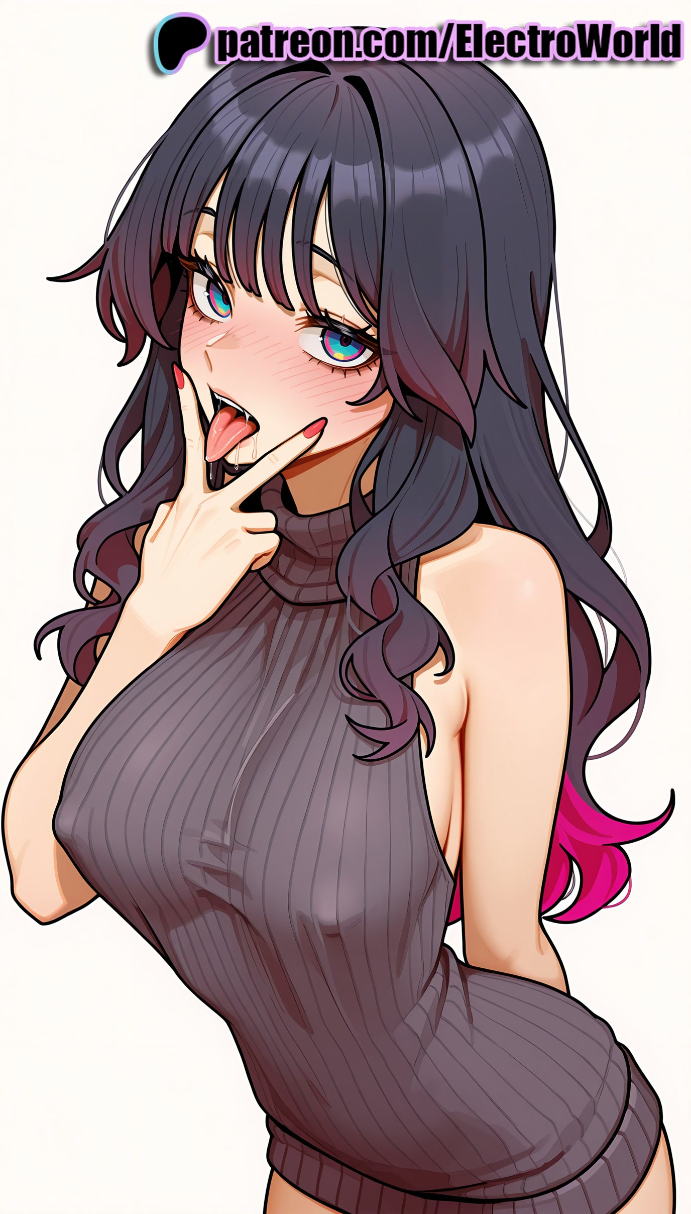 1girls, 2025, ai generated, artist name, bare shoulders, black hair, blue eyes, blush, breasts, bust, chest, covered nipples, electroworld, female, gradient, gradient background, heart, heart-shaped pupils, hi res, high quality, high resolution, highres, kaoru hana wa rin to saku, long hair, looking at viewer, nail polish, patreon, patreon username, pink nails, ribbed sweater, solo, stable diffusion, sweater, symbol-shaped pupils, tongue, tongue out, turtleneck, waguri kaoruko, watermark, wavy hair