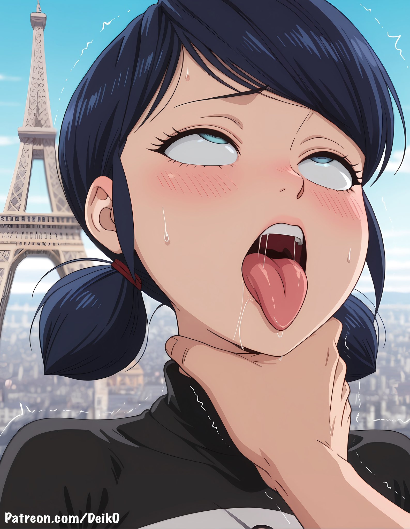 1girls, ai generated, asphyxiation, black hair, black shirt, black sweater, blue eyes, blue hair, deik0, erotic asphyxiation, female, hands around neck, ladybug (character), landscape background, marinette dupain-cheng, miraculous ladybug, miraculous: tales of ladybug and cat noir, outdoors, paris, rolling eyes, saliva, short hair, sweat, sweater, tongue, tongue out, torogao, twintails