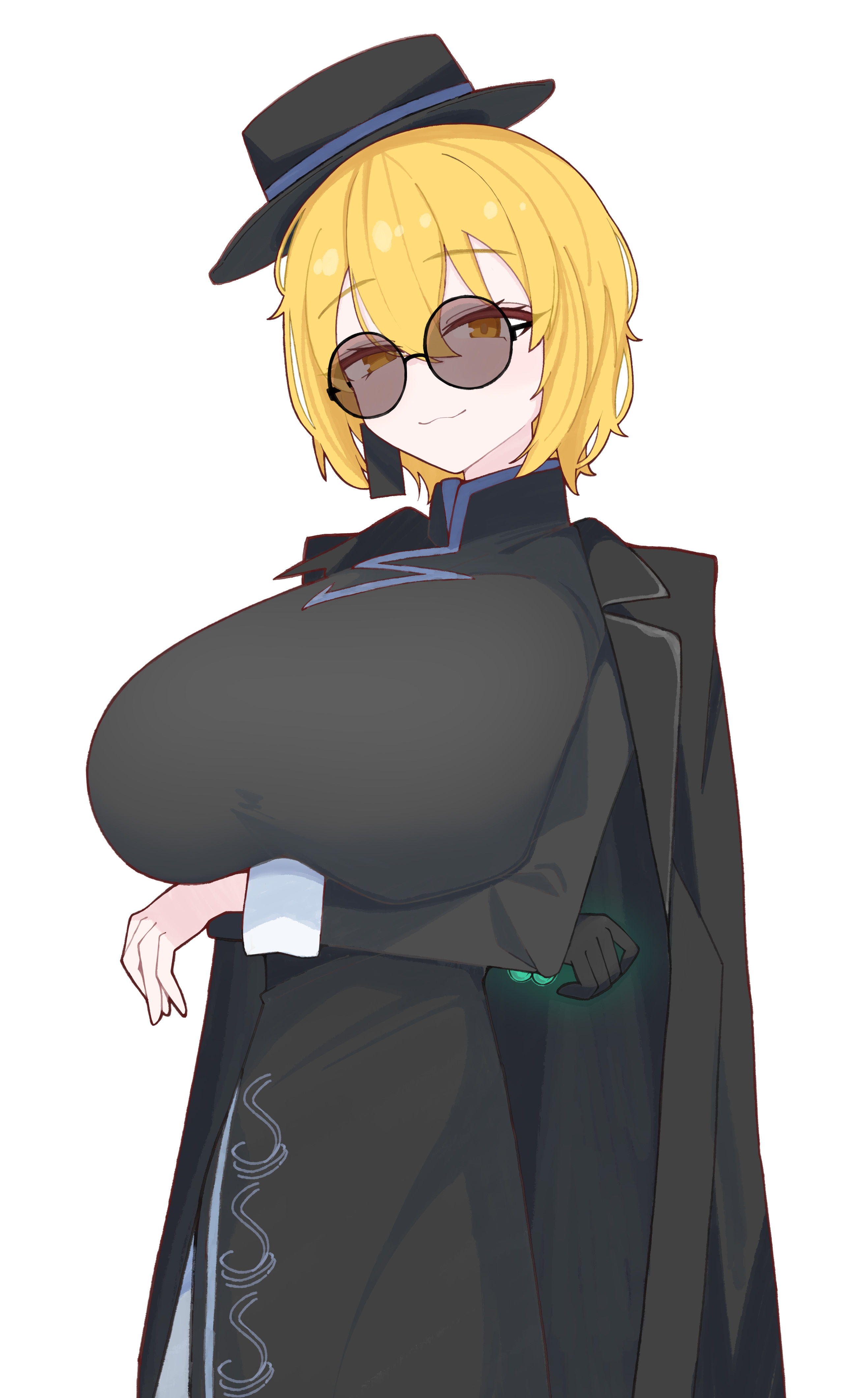 :3, 1girls, arms under breasts, blonde hair, breasts, busty, china dress, chinese clothes, cinq association (identity) (project moon), coat on shoulders, crossed arms, don quixote (limbus company), earring, female, female only, gloves, hat, huge breasts, limbus company, looking at viewer, project moon, short hair, smile, sunglasses, tinted eyewear, yellow eyes