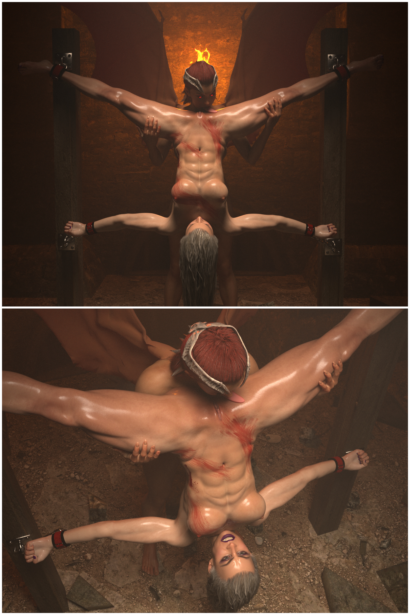 2girls, 3d, 3d (artwork), abs, athletic, athletic female, bdsm, blood, bondage, bound ankles, bound wrists, completely nude, daz studio, dubious consent, female, imminent cunnilingus, imminent oral, lezdom, male, mature, mature female, milf, mortal kombat, mortal kombat 1 (2023), mortal kombat 11, muscular, muscular male, nitara, nude, nude female, o97t5s, sindel, spread eagle, spread legs, suspension, suspension bondage, upside-down, yuri
