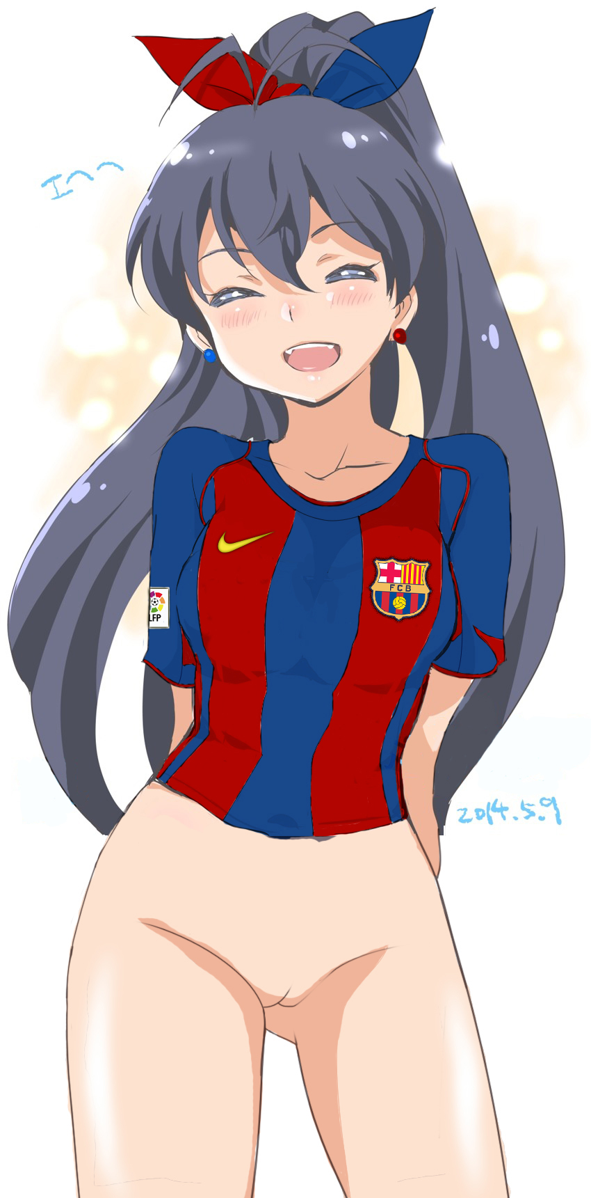 bottomless fc_barcelona ganaha_hibiki idolmaster nike ponytail smile soccer tied_hair