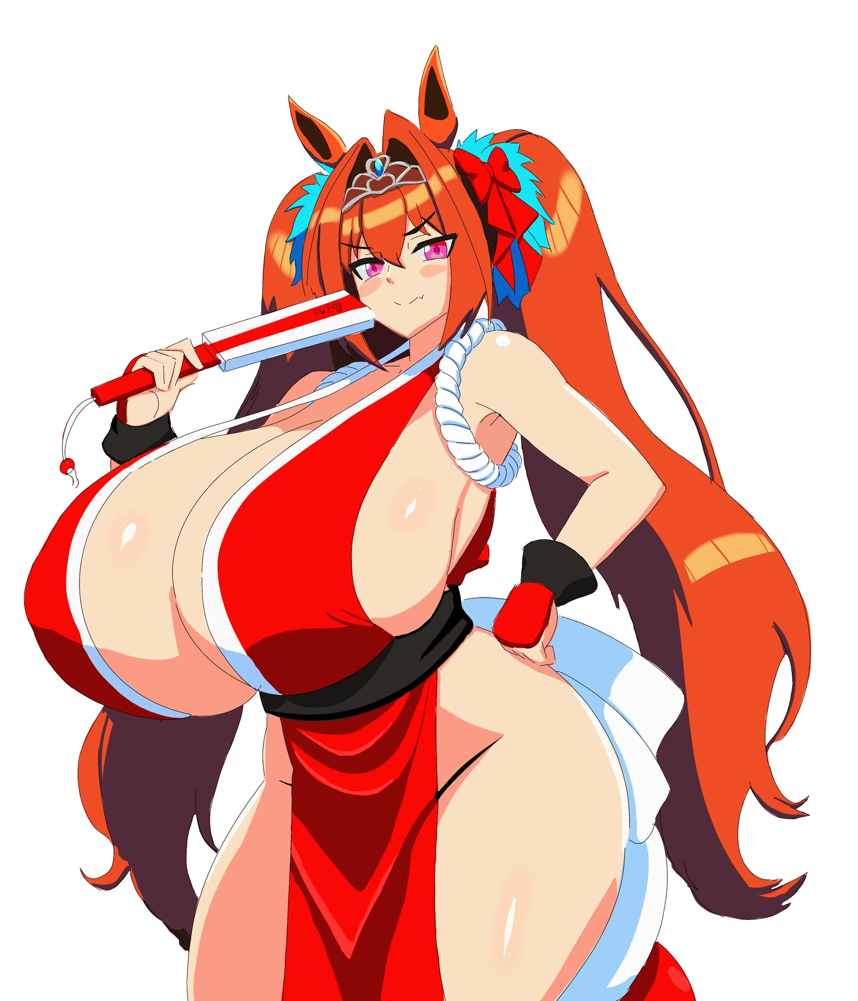 1girls, curvy, daiwa scarlet (umamusume), female, looking at viewer, mai shiranui (cosplay), rodgewp, tagme, umamusume