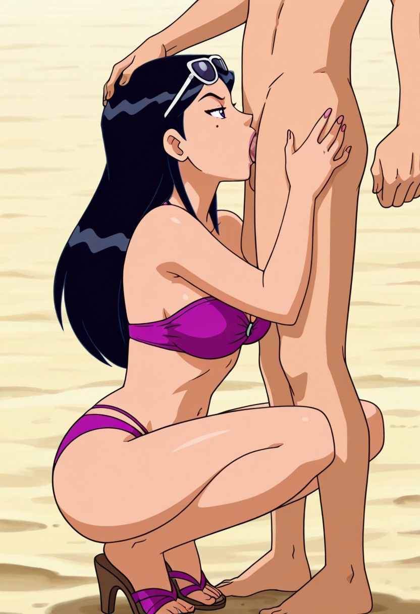 1boy, 1girls, ai generated, beach, bikini, black hair, blowjob, cartoon, deepthroat, fellatio, female, from side, heels, high heels, light skin, light-skinned female, light-skinned male, male, mandy (totally spies), mole under eye, novaro1337, oral, oral sex, side view, squatting, sunglasses, sunglasses on head, totally spies