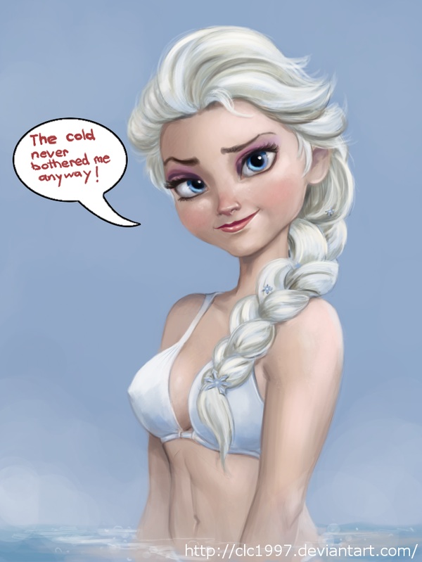 1girls bikini blonde_hair blue_eyes braid breasts clc1997 deviantart disney elsa_(frozen) english_text female female_only frozen_(film) hair human makeup mascara nipple_bulge pokies smile solo swimming swimwear text water watermark white_clothing