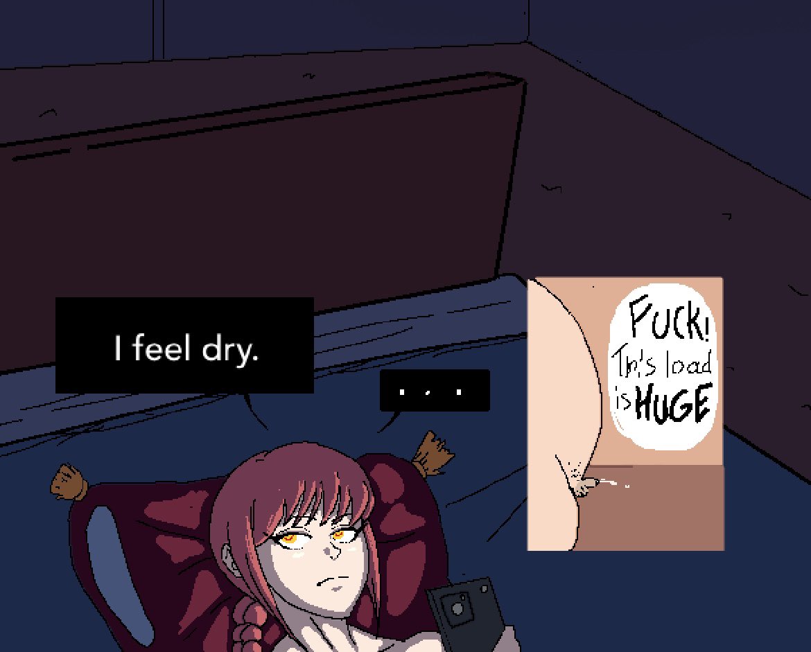 balls, big belly, bored, chainsaw man, cuck, cum, ejaculation, english text, erection, female, little dick, makima (chainsaw man), male, micropenis, pathetic male, penis, red hair, small penis, small penis humiliation, speech bubble, testicles, varix, yellow eyes