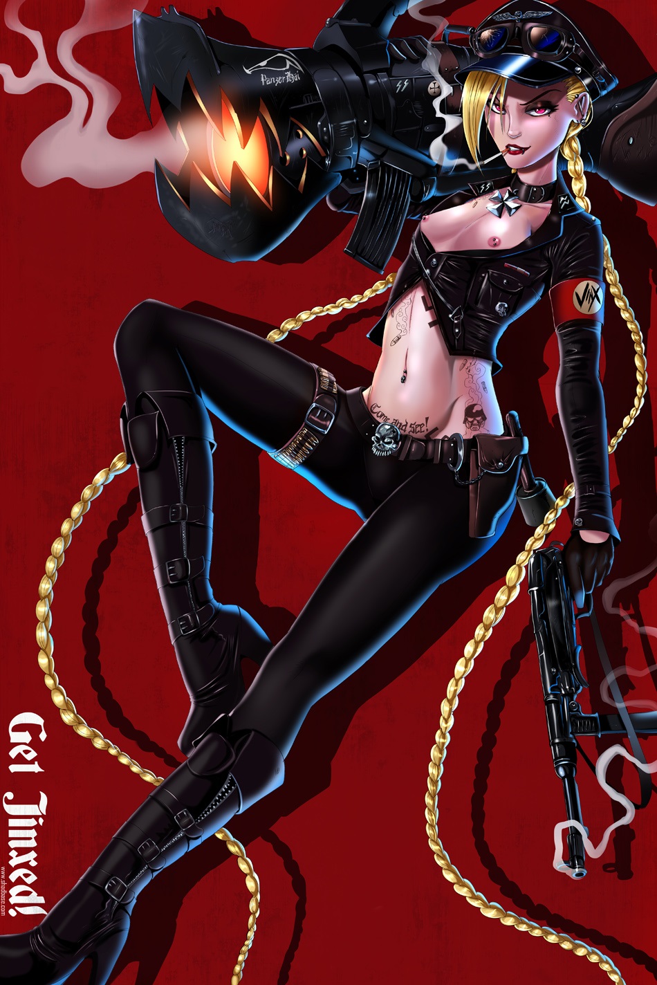 1girls areolae beauty_mark blonde_hair braid erect_nipples eyeliner eyeshadow female female_only flat_chest goggles hat high_heel_boots high_heels iron_cross jinx_(league_of_legends) league_of_legends lipstick makeup mole nazi nipples no_bra panzerfaust pinup ranged_weapon schutzstaffel shadman smoking swastika tattoo tied_hair twin_braids twintails